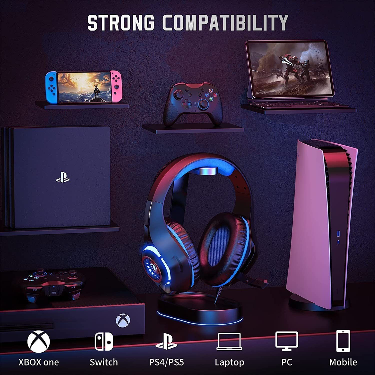 Haiaveng Gaming Headset für PS4 PS5 PC Xbox Series Gaming-Headset (3.5 mm Deep Bass Stereo Surround Sound PS4 Headset)
