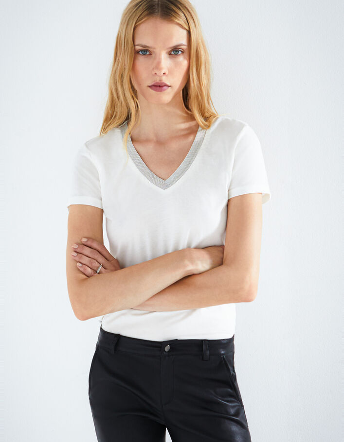 Tee-shirt manches courtes coton modal encolure bijoux femme