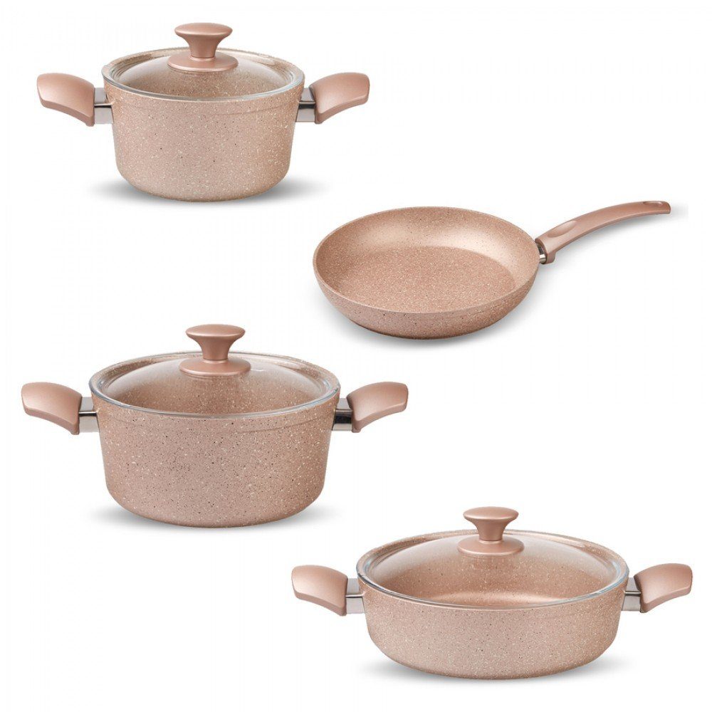 KRC Topf-Set Karaca Biogranit Antik Rose 7-Teiliges Kochgeschirr-Set Kochgeschirr-Set, Antihaftbeschichtung, Topf Pfannenset mit Glasdeckeln, Spulmaschinengeeignet, Granit