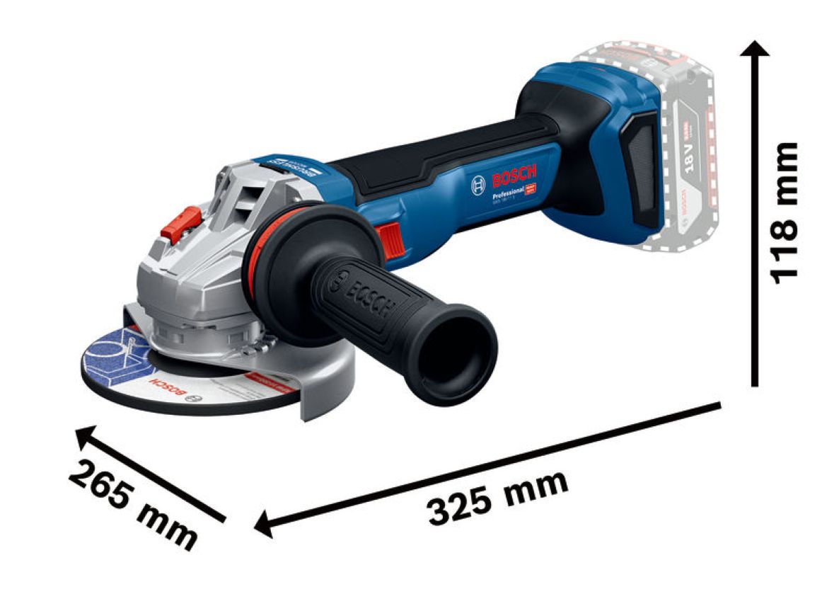 Bosch Blue 06019N4100 GWS 18V-11 akumuliatorinis kampinis šlifuoklis, komplektas, 125 mm, be akumuliatorių ir įkroviklio