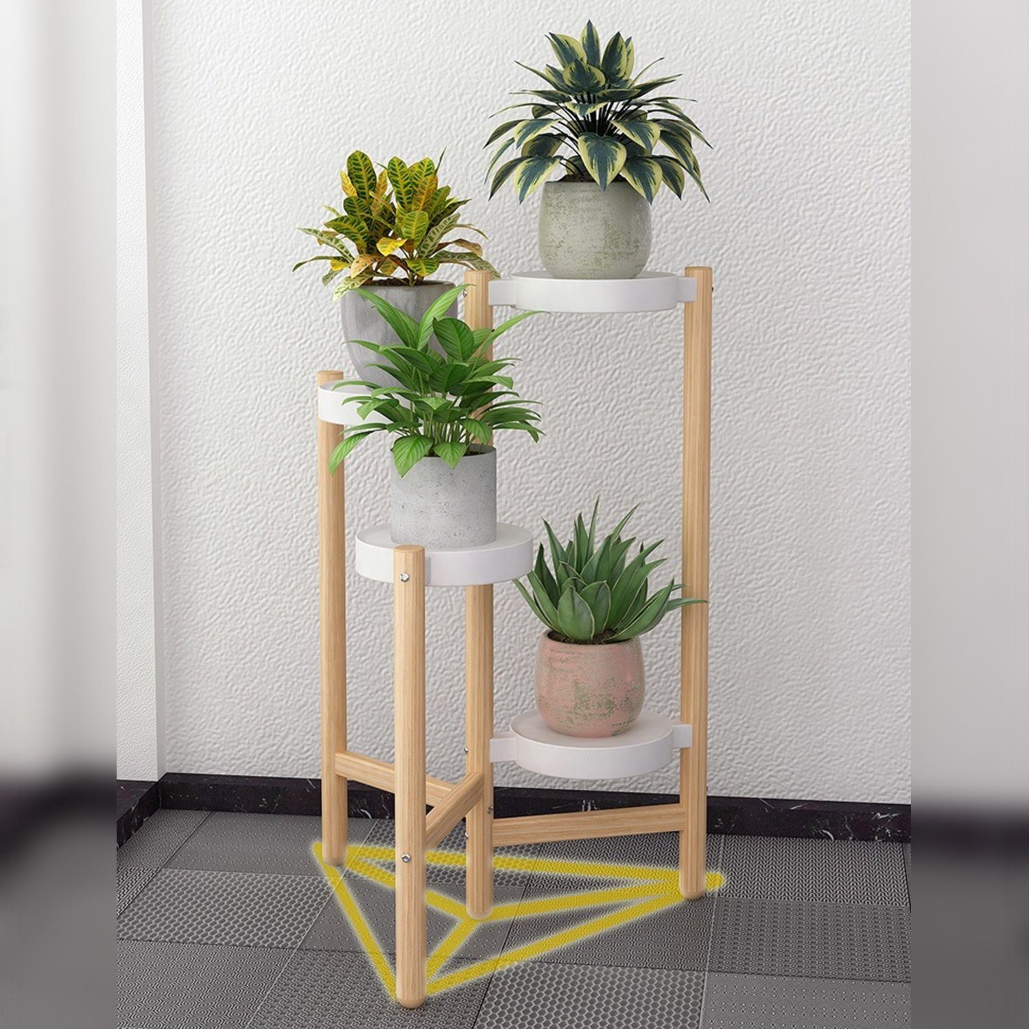 Kpaloft Blumenständer Holz 4 Ebenen Pflanzenregal rund, 78cm Höhe, 18 cm breite PP-Schale, Blumenhocker für den Garten, Wohnzimmer, Schlafzimmer, Terrasse