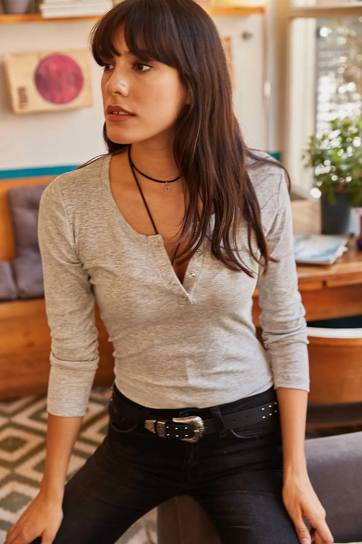 Olalook  Grau karierte Camisole-Bluse für Damen BLZ-19000588