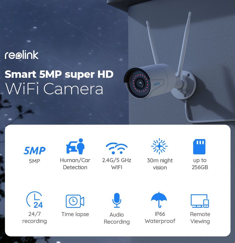 Reolink 510WA 5MP HD 2,4/5GHz WLAN IP Überwachungskamera (1-tlg., mit Audio für Aussen, 30m IR Nachtsicht, 256GB SD Kartenslot und Smarte Bewegungserkennung, Fernzugriff)