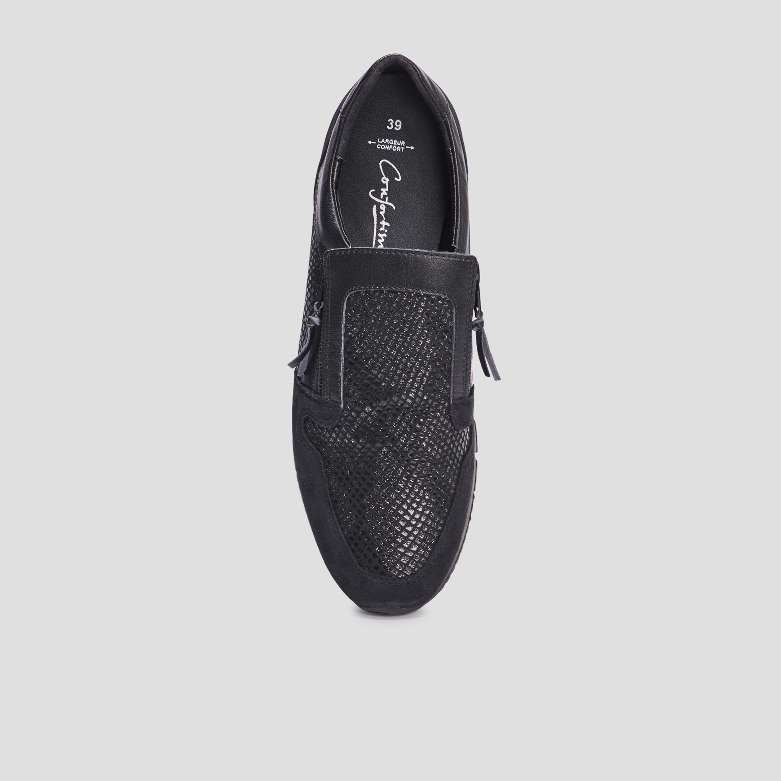 Baskets zippées en cuir pied large noir femme | La Halle