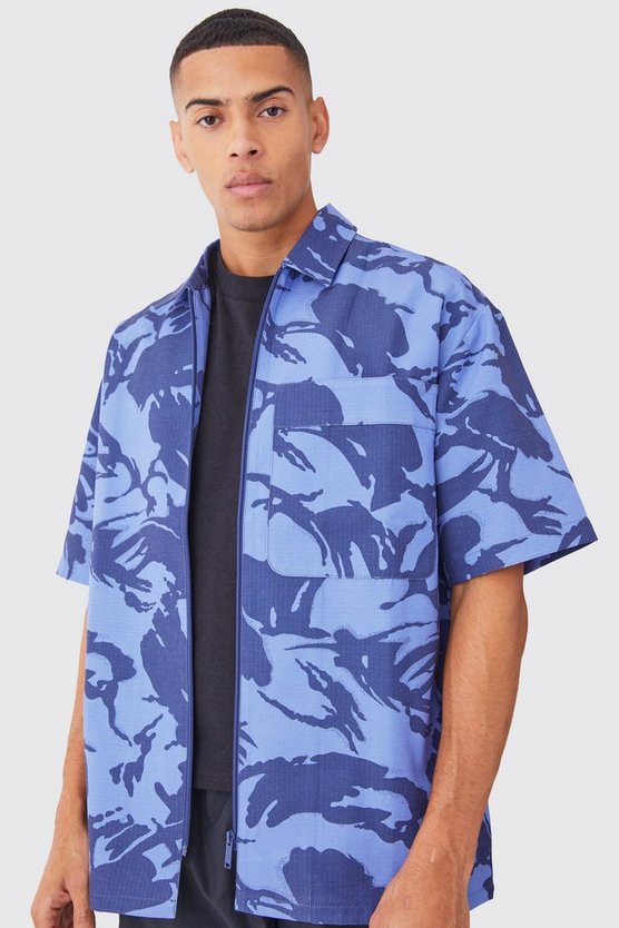 Kastiges Oversize Camouflage Hemd mit Reißverschluss