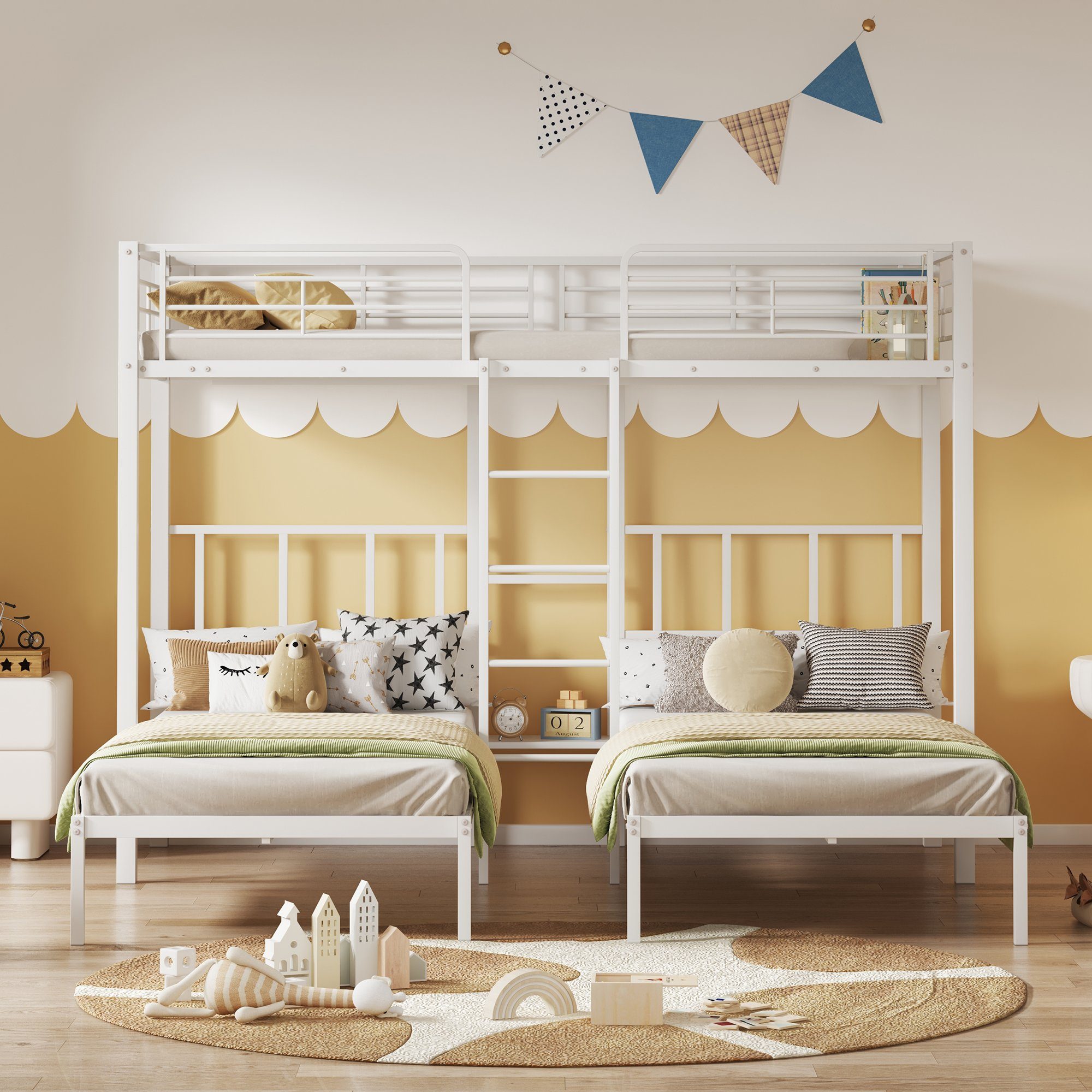 Flieks Etagenbett, Dreierbett Kinderbett Metallbett mit Leiter 90x200cm*3