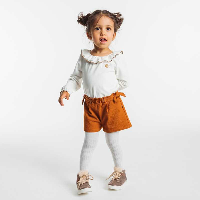 T-shirt à col volants hérisson brodé beige bébé fille