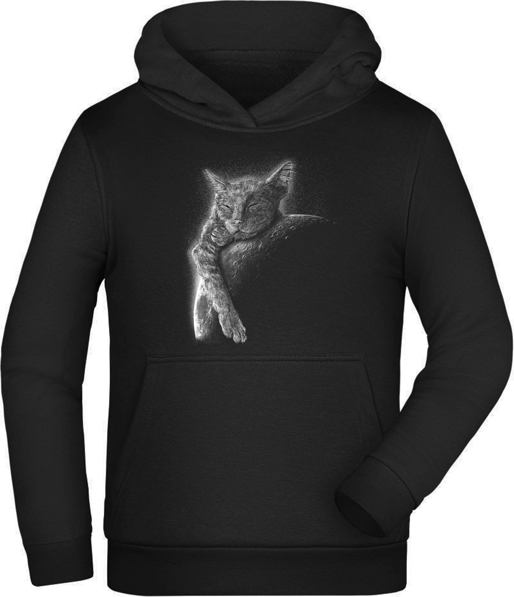 MyDesign24 Hoodie Kinder Kapuzen Sweatshirt - Katzen Hoodie schlafend am Mond Kapuzensweater mit Aufdruck, i123