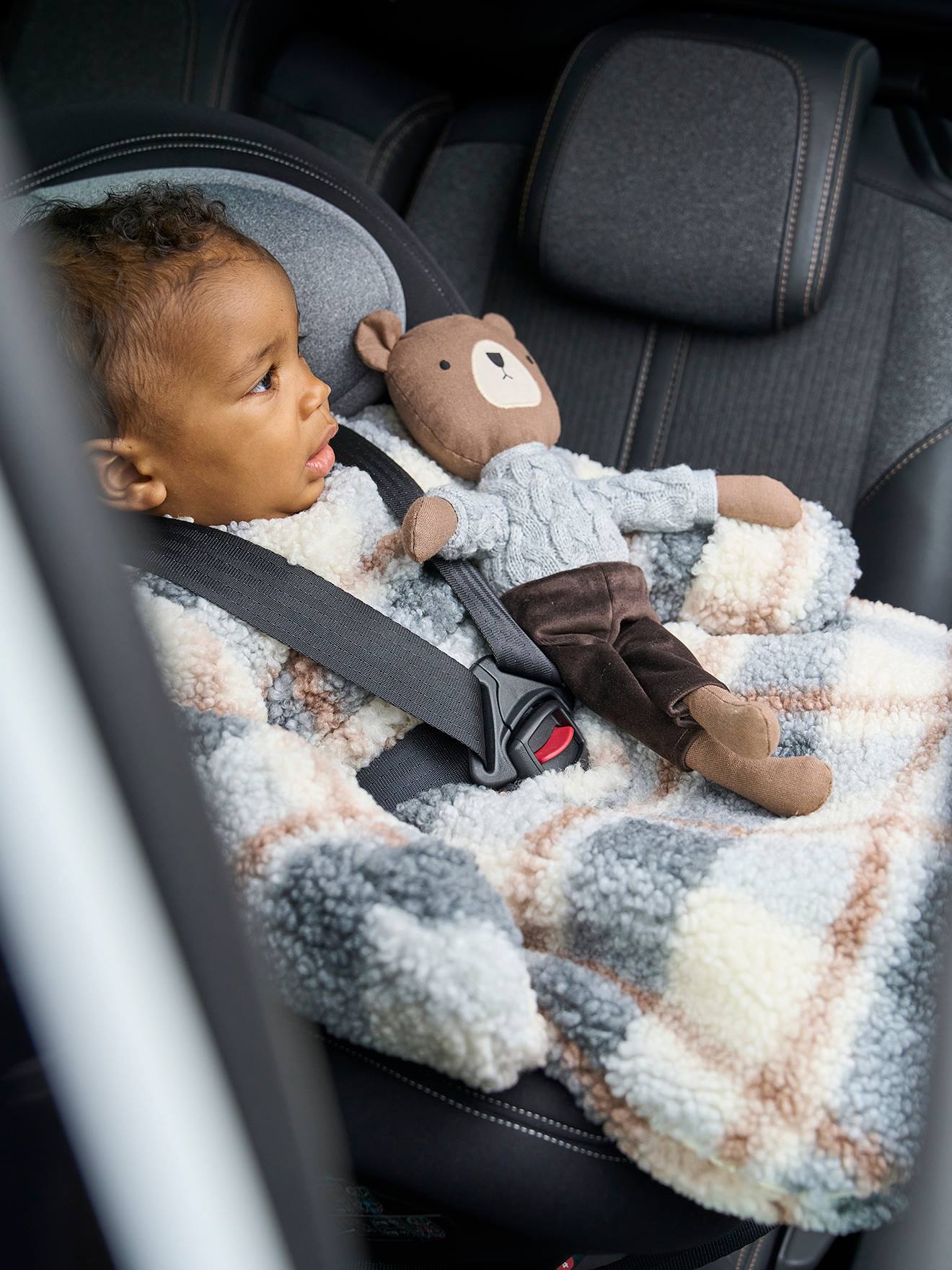 Vertbaudet Baby Auto-Schlafsack KARO aus Teddyfleece Oeko-Tex - grau/wollweiß