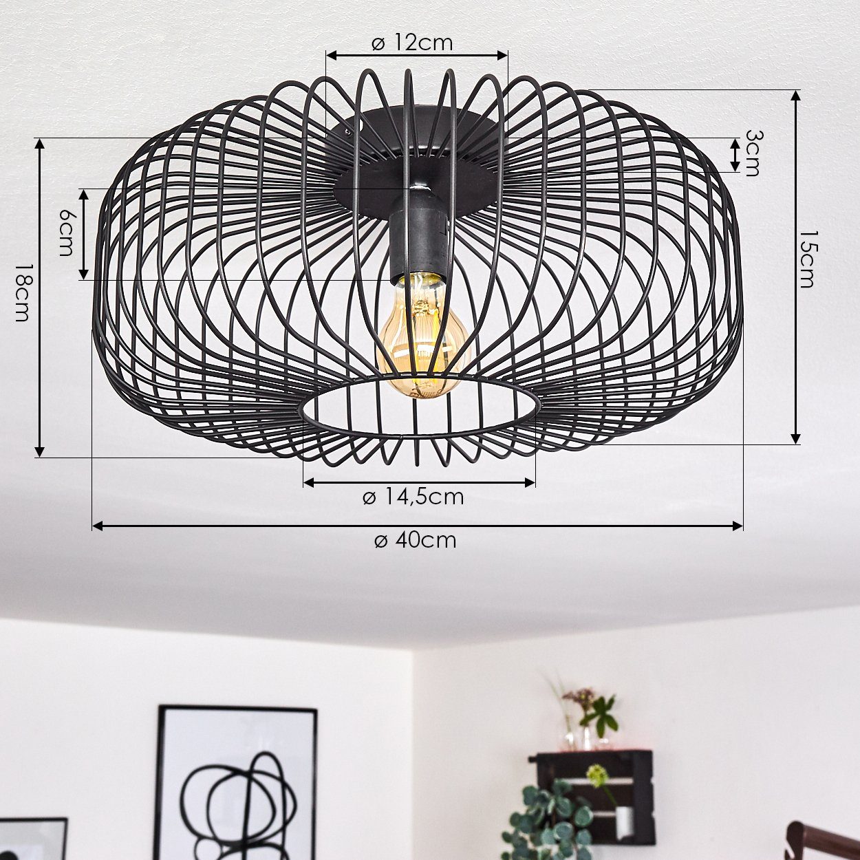 hofstein Deckenleuchte Pieris runde Deckenlampe aus Metall in Schwarz, ohne Leuchtmittel, E27, Retro-Leuchte mit Lichteffekt durch Gitter-Optik