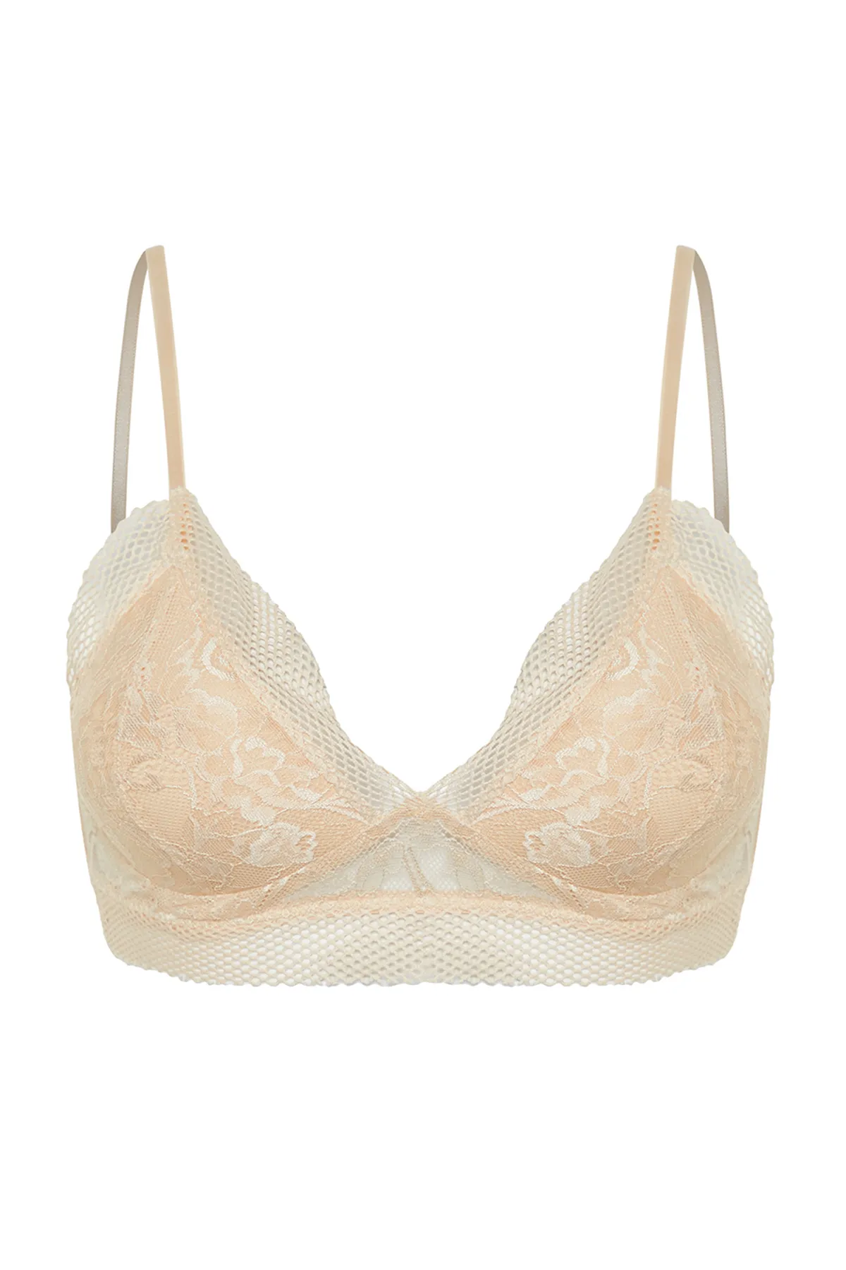 Trendyol Collection  Hautfarbener, tief ausgeschnittener Bustier-BH aus Strick mit Spitzen-Netzdetail und Seilträgern THMSS24SU00046
