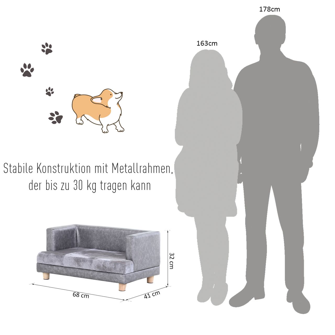 PawHut Hundesofa Haustiersofa Hundebett Hundematte Kunstleder Kurzplüsch Grau