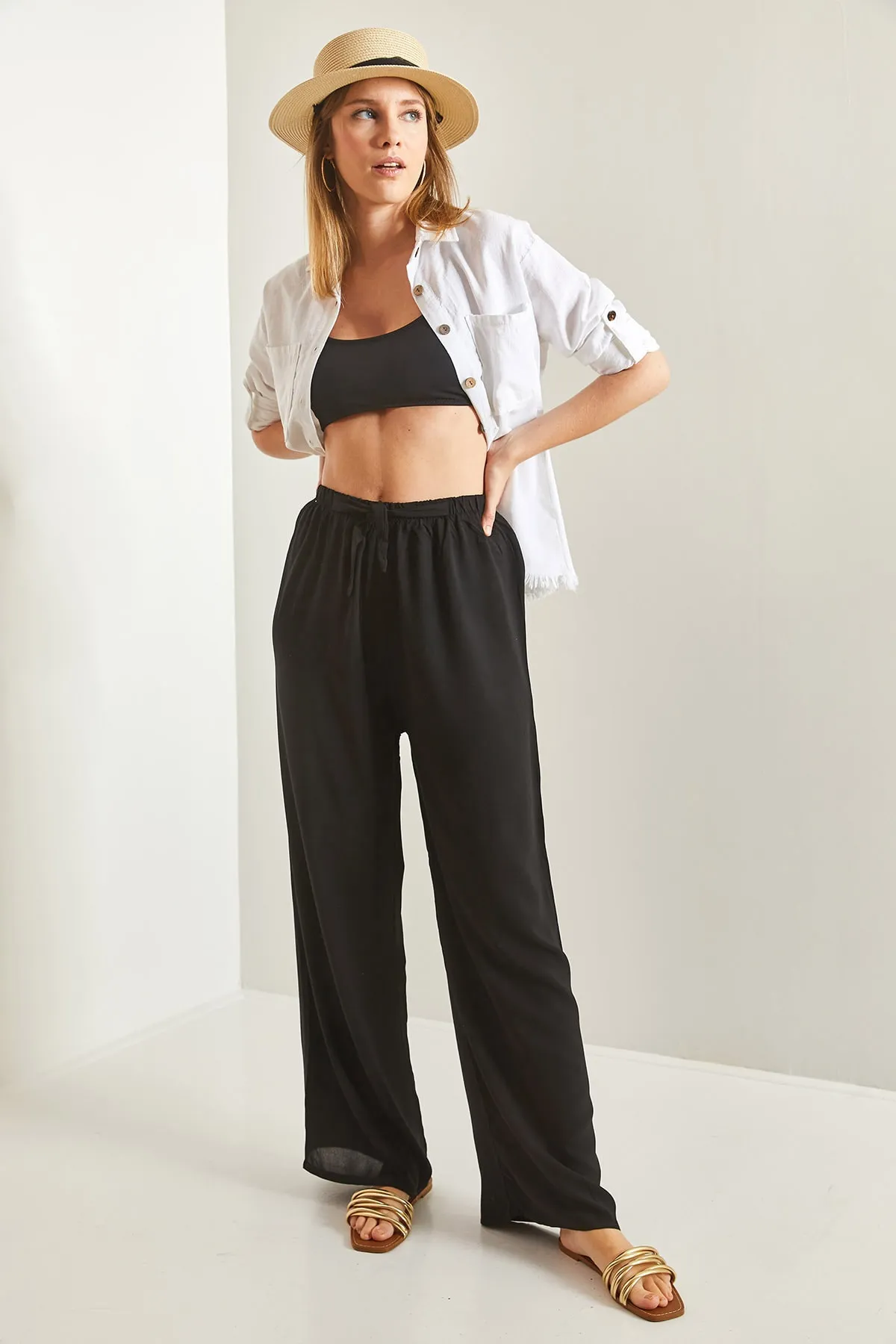 Bianco Lucci  Damen-Hose aus Viskose mit weitem Bein und Taillengürtel, Schwarz 10061050