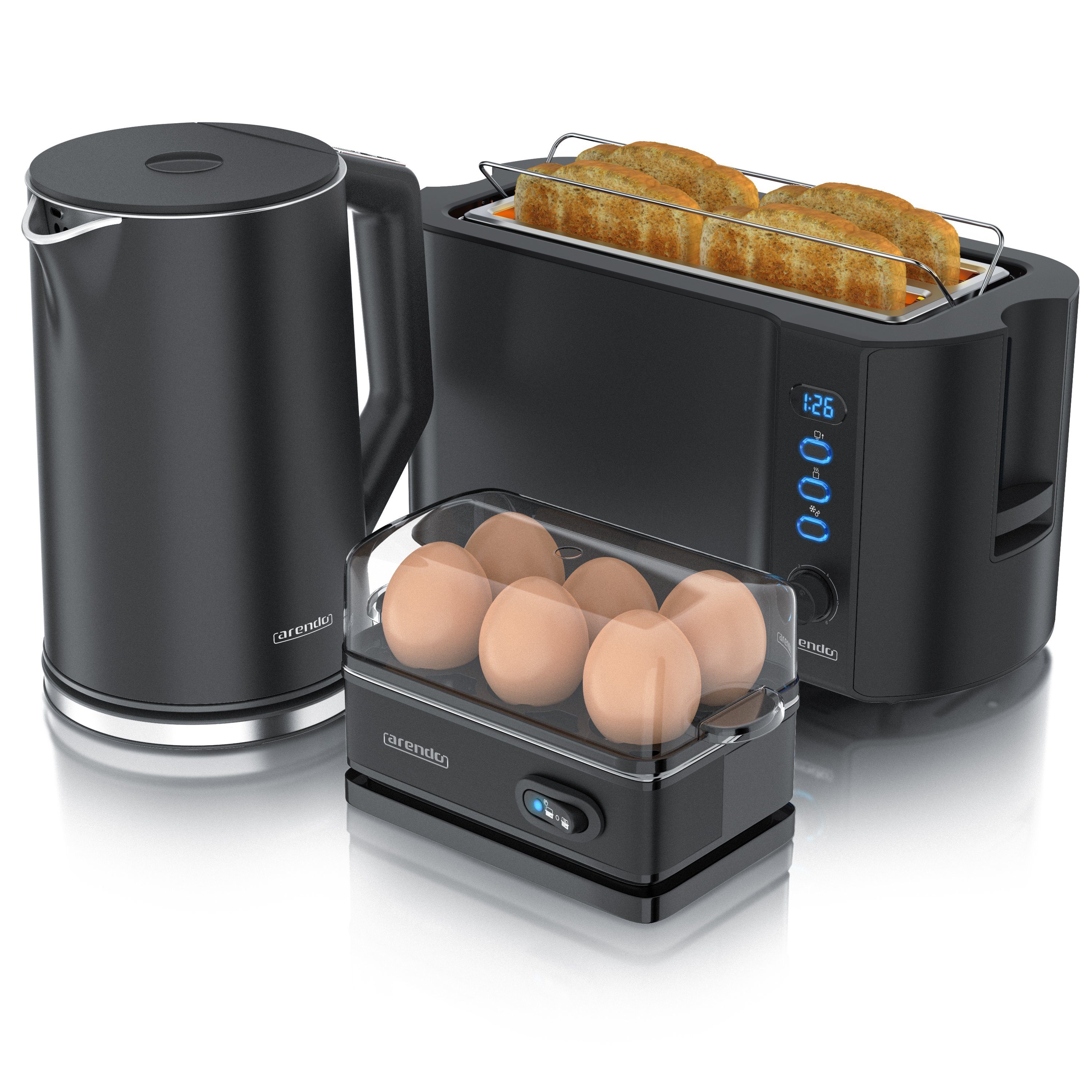 Arendo Frühstücks-Set (3-tlg), Wasserkocher 1,5l, 4-Scheiben Toaster, 6er Eierkocher, Schwarz