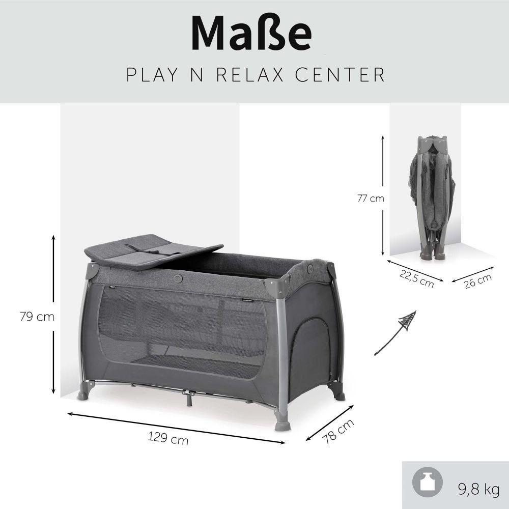 Hauck Baby-Reisebett Play'n Relax Center - Melange Charcoal, 7-tlg., Kinderreisebett mit Matratze, Insektenschutz, Wickelauflage - faltbar