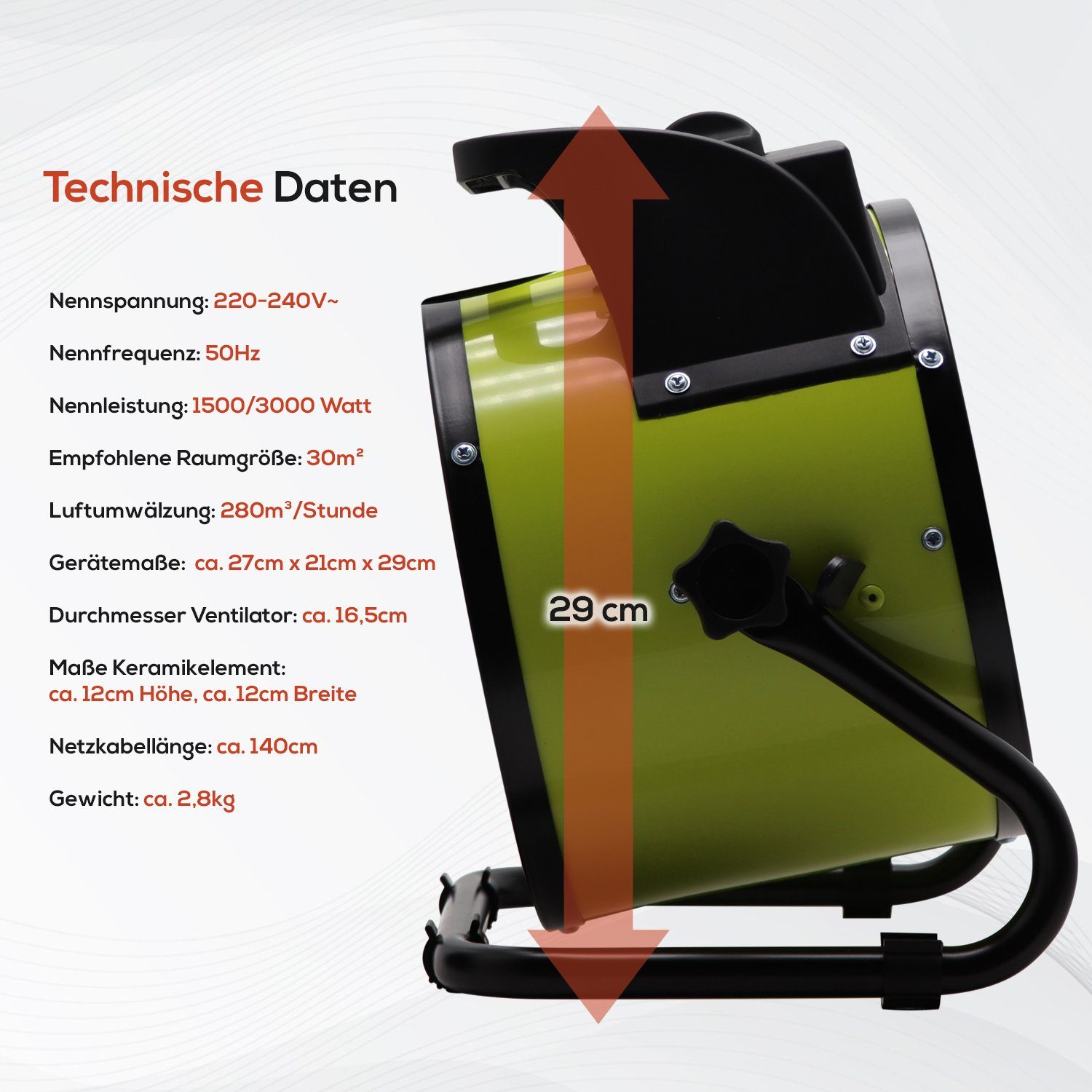TroniTechnik Heizstrahler Heizlüfter, Keramikheizung, Schnellheizer TT-KH-503,Keramikheizelement, 3000 W, zwei Heizstufen, Überhitzungsschutz und Abschaltautomatik, Thermostat