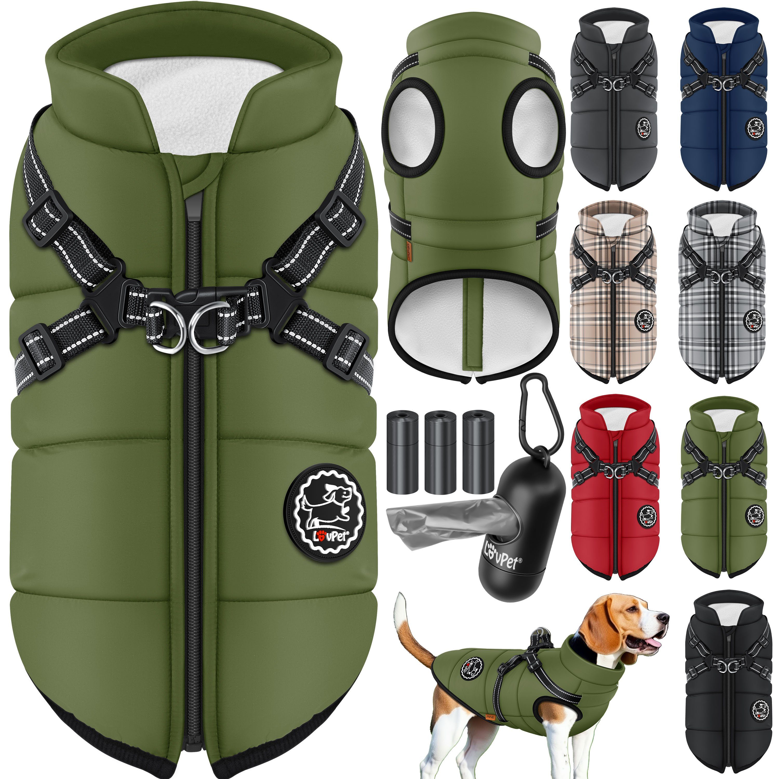 Lovpet Hundejacke, Hundemantel mit Geschirr, inkl. 45 Stück Kotbeutel +Spender
