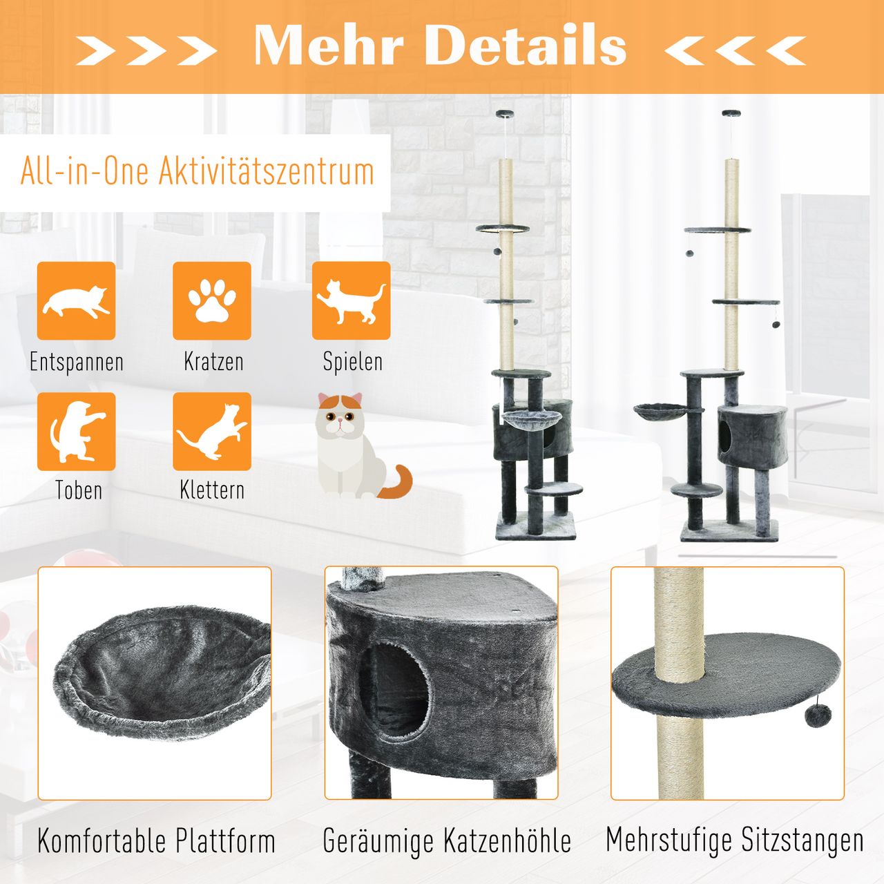 PawHut Kratzbaum mit Sisalsäulen, Katzenkratzbaum, Katzen Kletterbaum, Dunkelgrau, 55 x 45 x 220-265cm