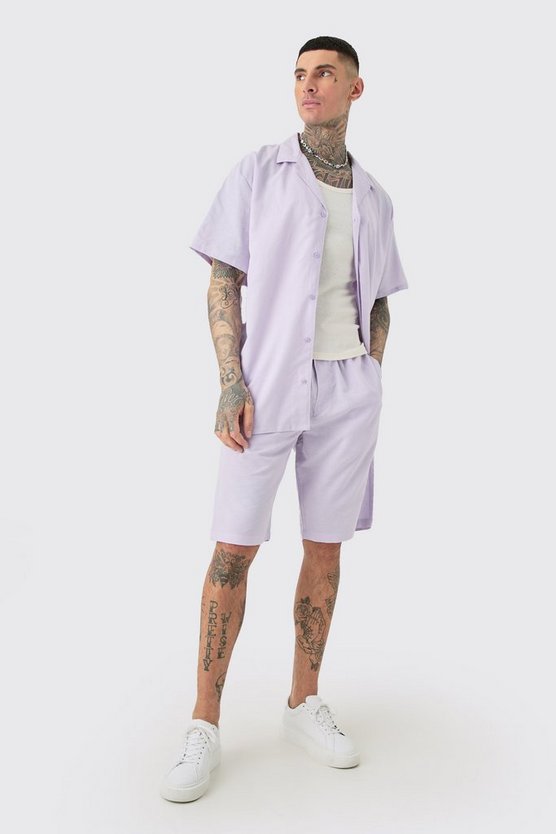 Tall Oversize Leinen-Hemd & Shorts in Lila