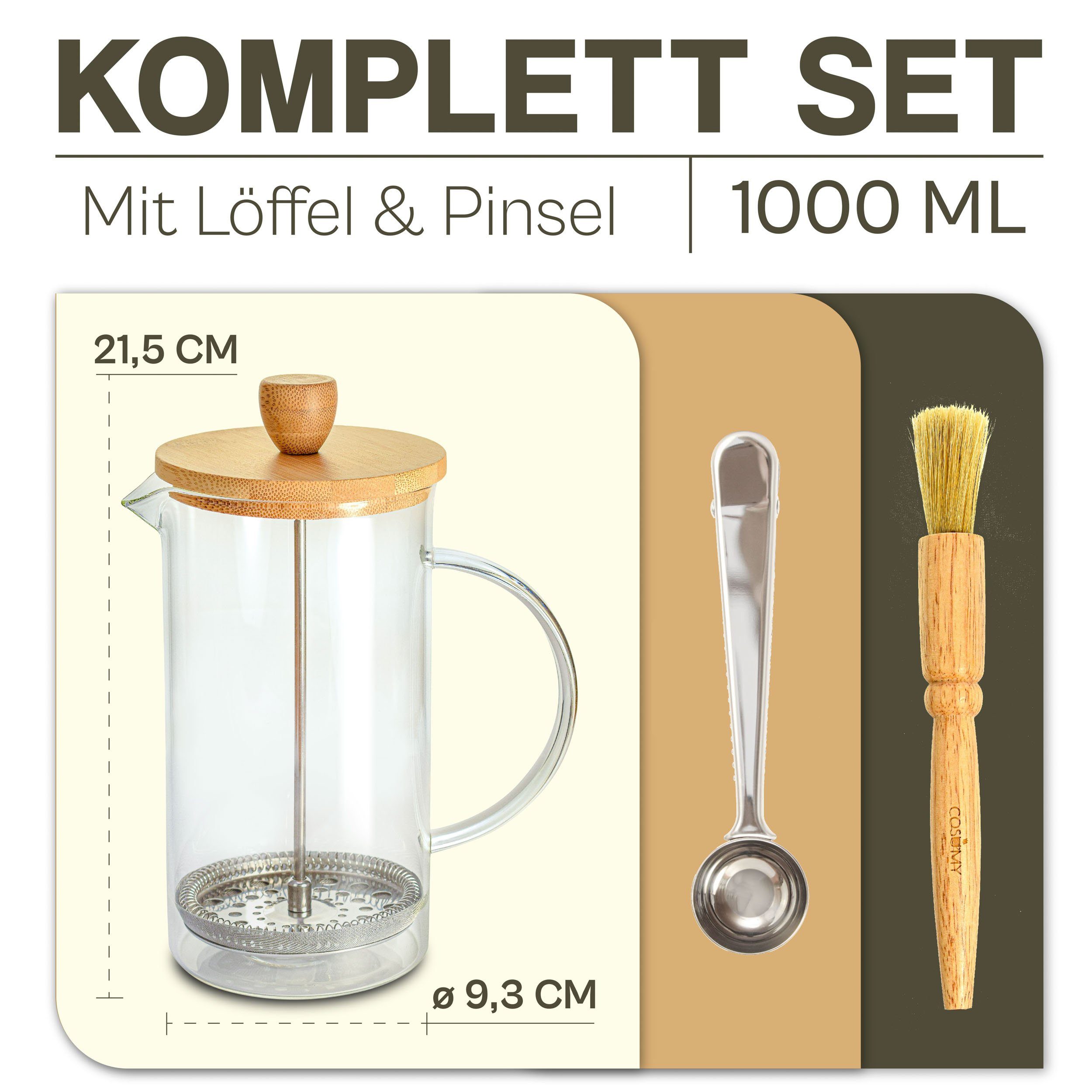 Cosumy French Press Kanne French Press aus Glas 1L, 1l Kaffeekanne, Kaffeebereiter für 2 Tassen Kaffee - Mit Dosierlöffel und Reinigungspinsel