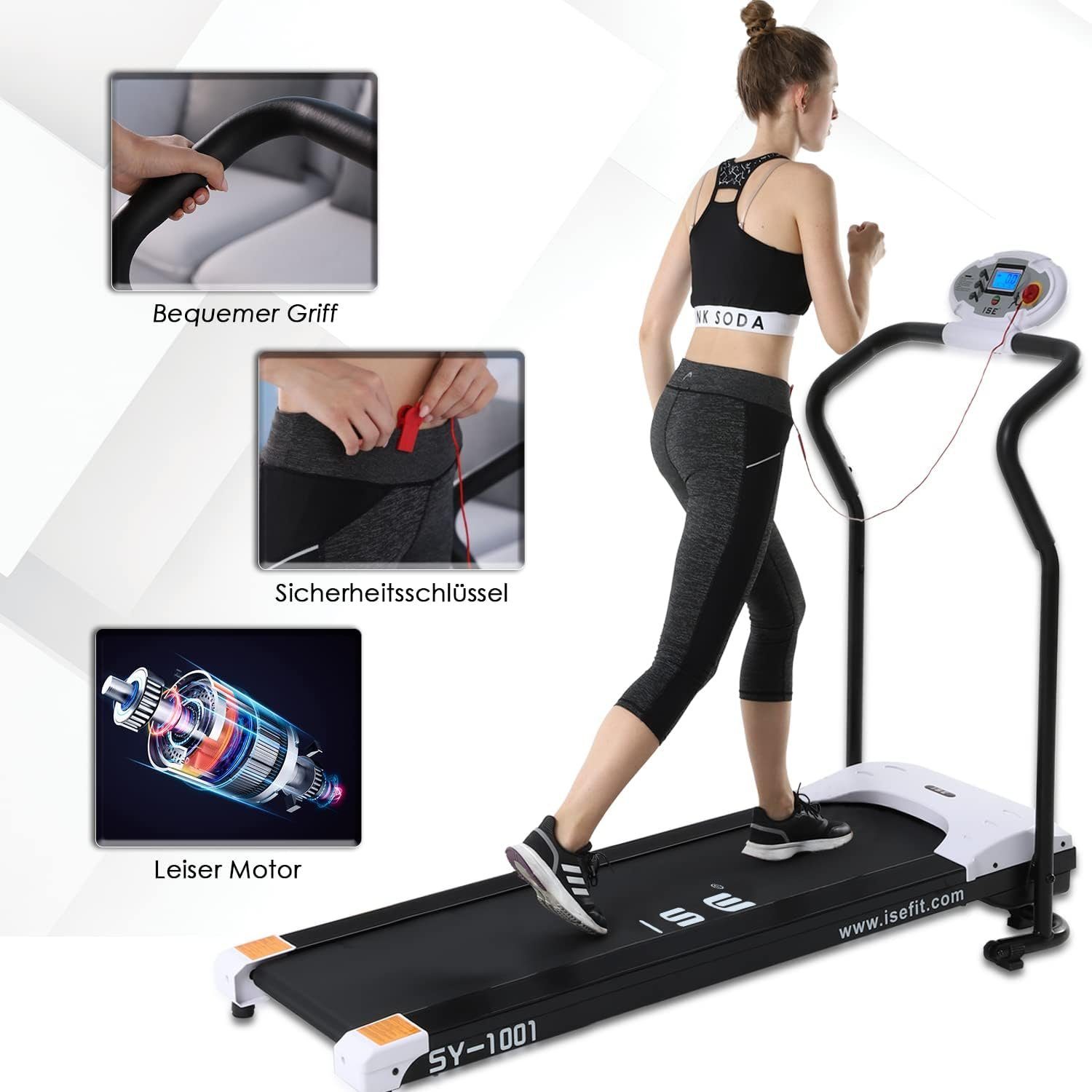 ISE Laufband (Laufband für Home GEH Lauftraining verstellbar Programmen750W 10KM/H), mit hat 3 voraufgezeichnete Programme und 4 Schnelleinstellungstasten