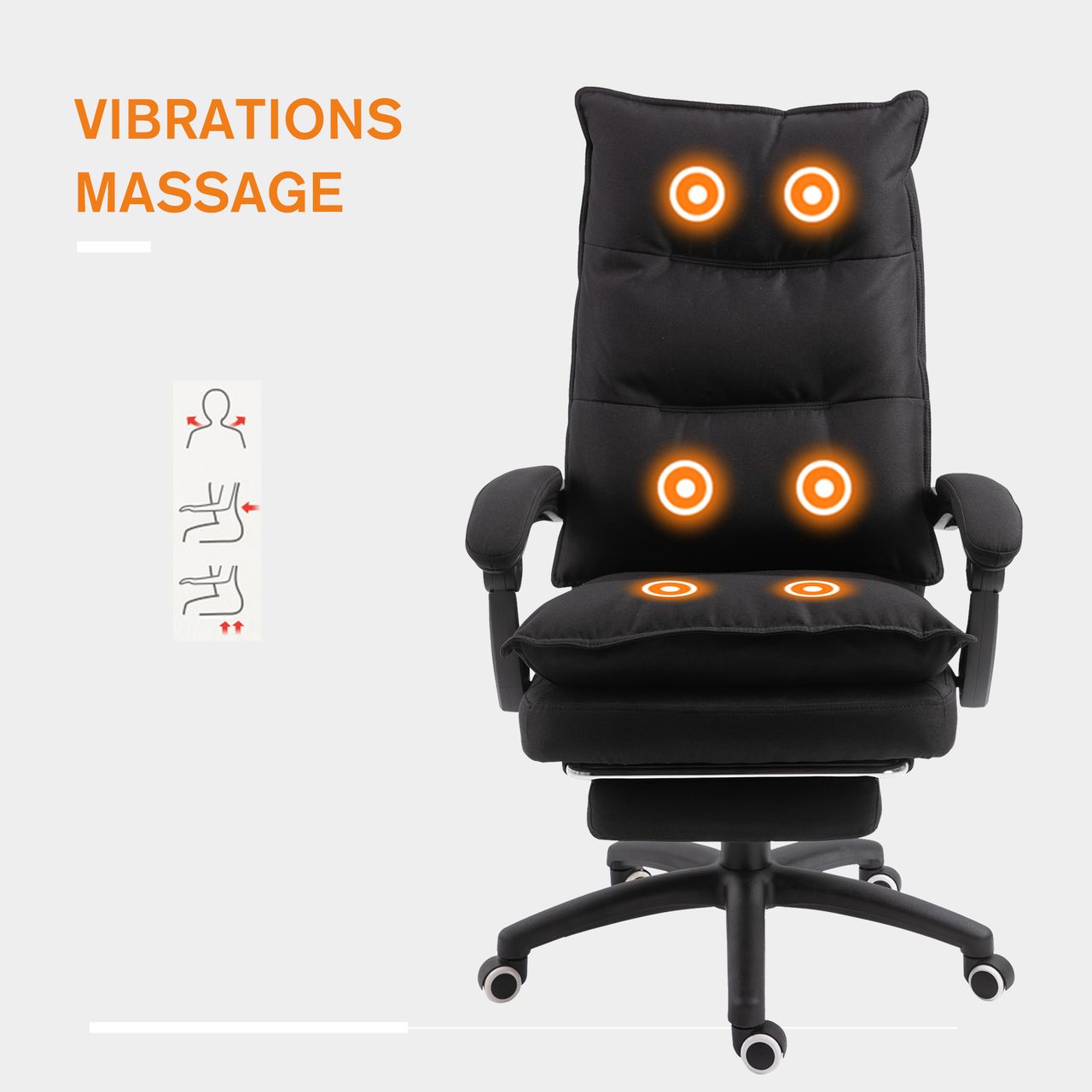 Vinsetto Bürostuhl massage, Chefsessel mit Massagefunktion, Gaming Stuhl, höhenverstellbarer, ergonomischer Drehstuhl, Massage Sessel, Nylon, Schwarz, 70 x 62 x 120-130 cm