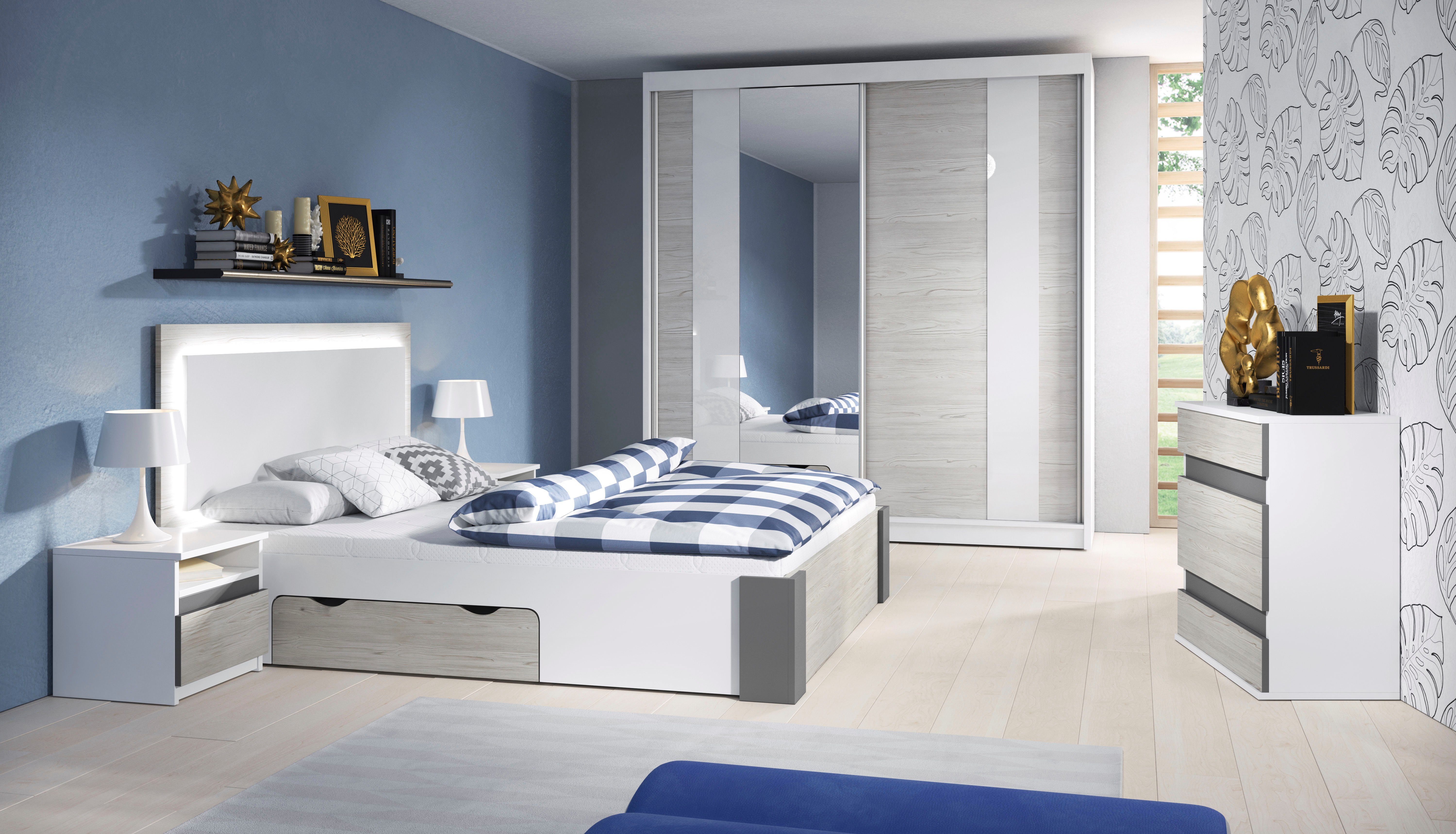 Polini kids Schlafzimmer-Set Polini Porto, (Set, 5-St., bestehend aus Bettgestell, Schiebetürenschrank, Kommode, Nachtkommoden), inklusive Bettkasten
