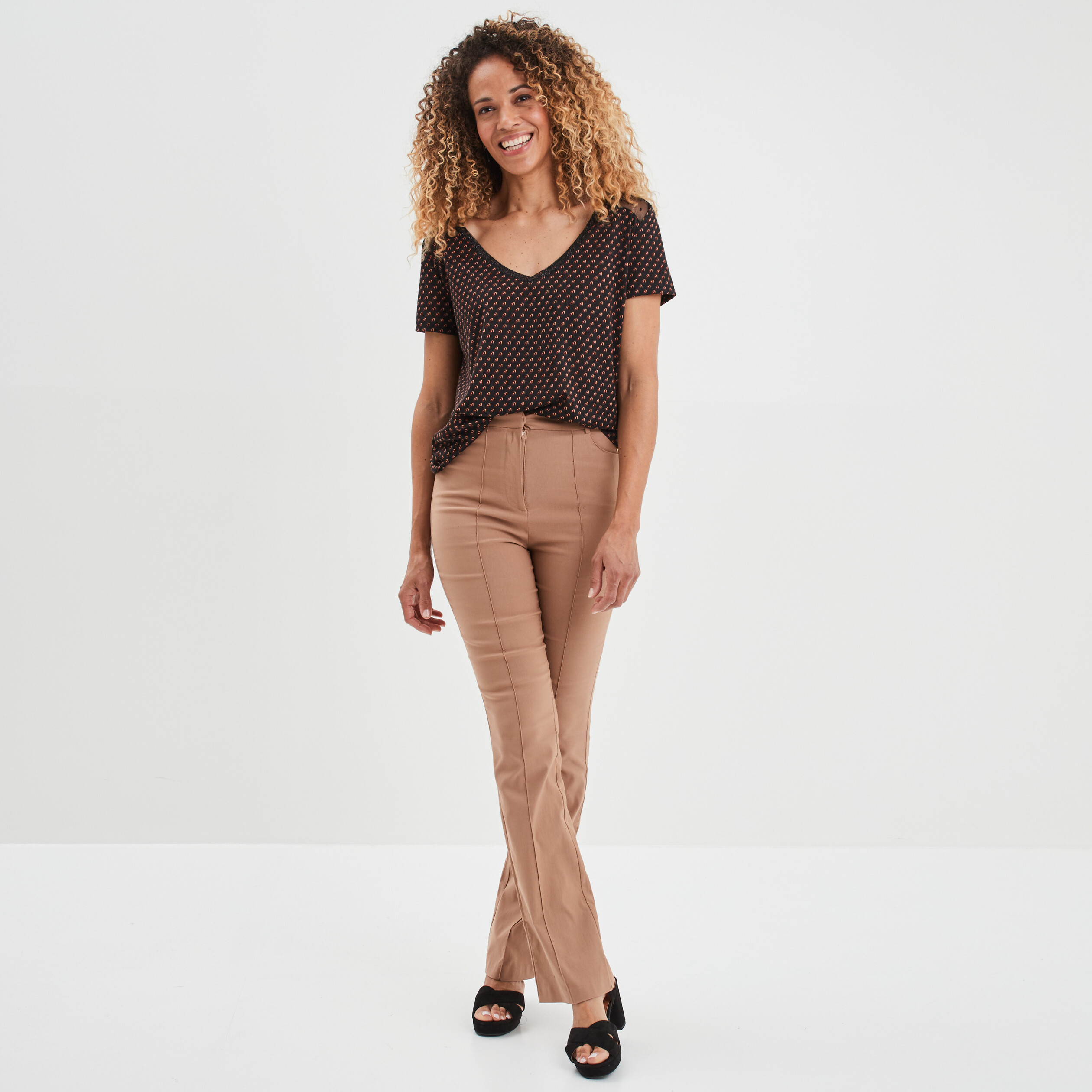 Pantalon city bootcut taille haute marron clair femme | La Halle