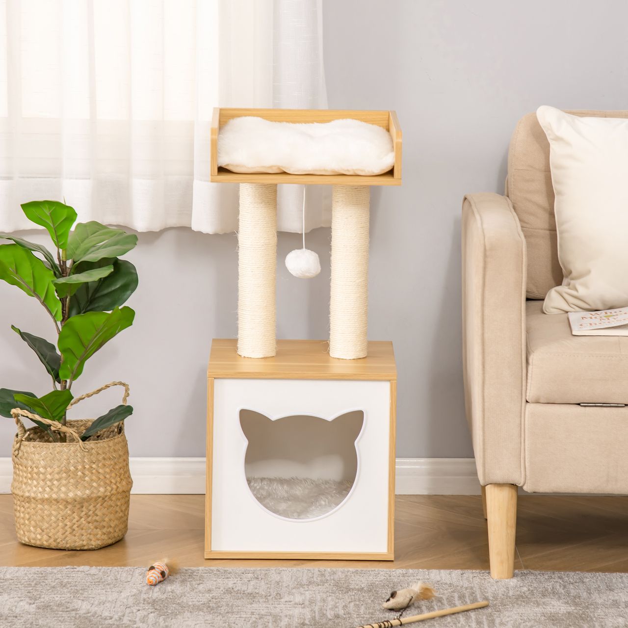 PawHut Kratzbaum mit Katzenhöhle 2 weichen Kissen Katzenbaum Katzenbett Sisal