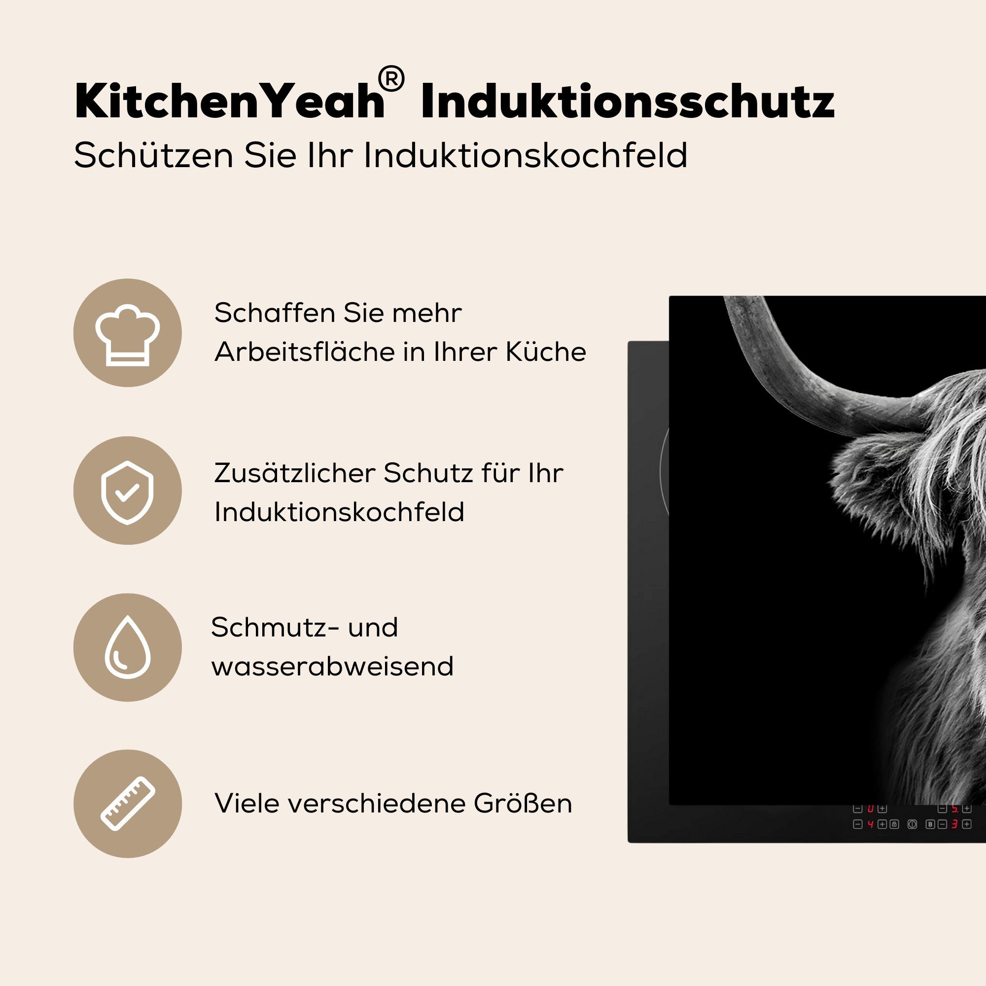 MuchoWow Herdblende-/Abdeckplatte Schottischer Highlander - Hörner - Schwarz - Weiß - Kuh - Wild - Tiere, Vinyl, (1 tlg), 81x52 cm, Induktionskochfeld Schutz für die küche, Ceranfeldabdeckung
