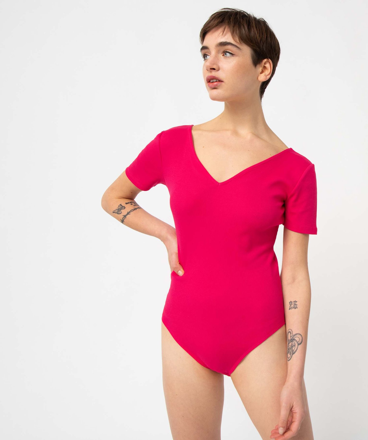 Body femme à manches courtes avec double décolleté rose fonce | GEMO