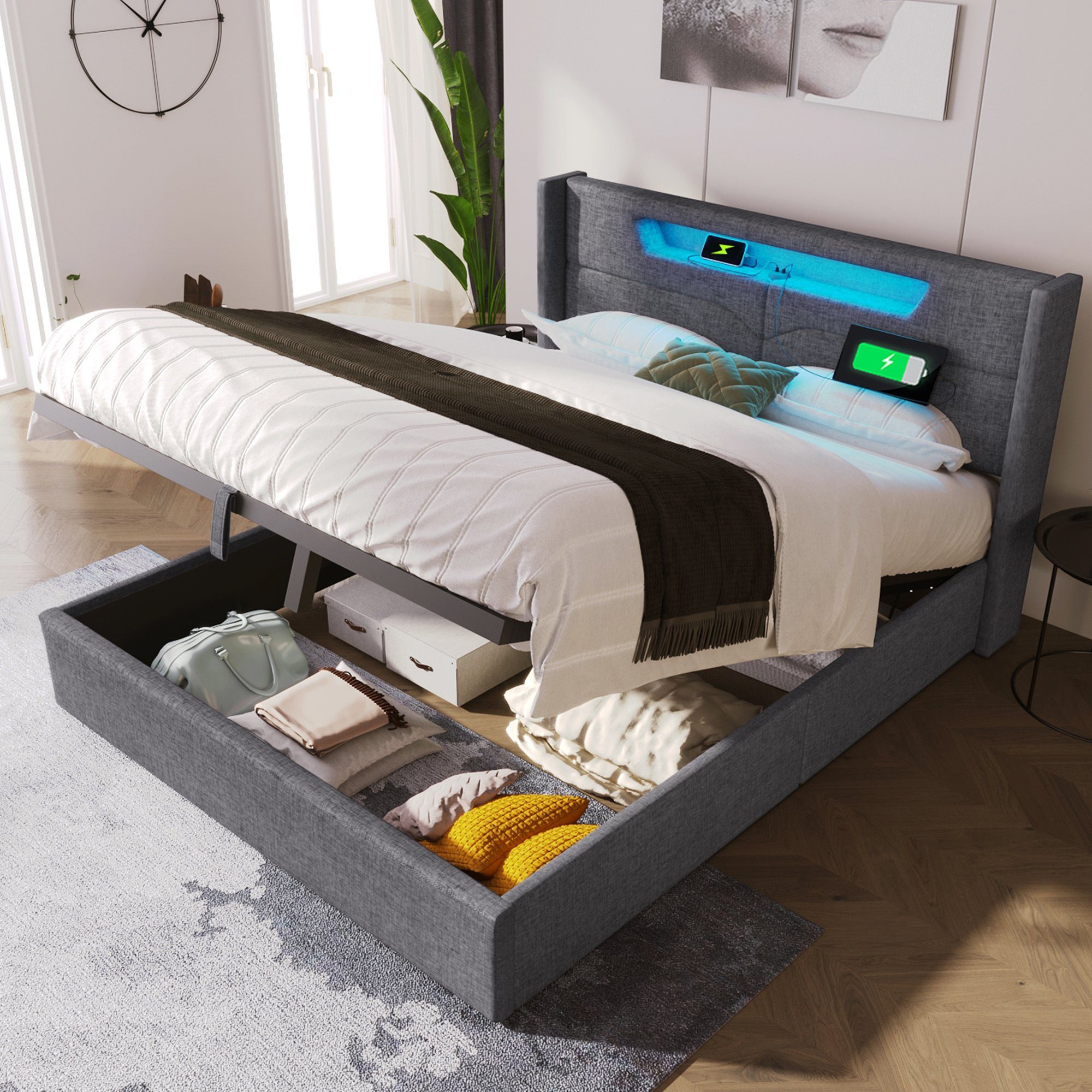 OKWISH Polsterbett LED Doppelbett mit USB Typ C Ladefunktion, 140 x 200 cm, ohne-Matratze