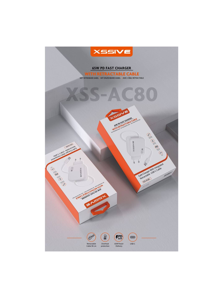 COFI 1453 Xssive 65W PD Schnellladegerät mit einziehbarem USB-Kabel - XSS-AC80 in Weiß günstig kaufen onesize