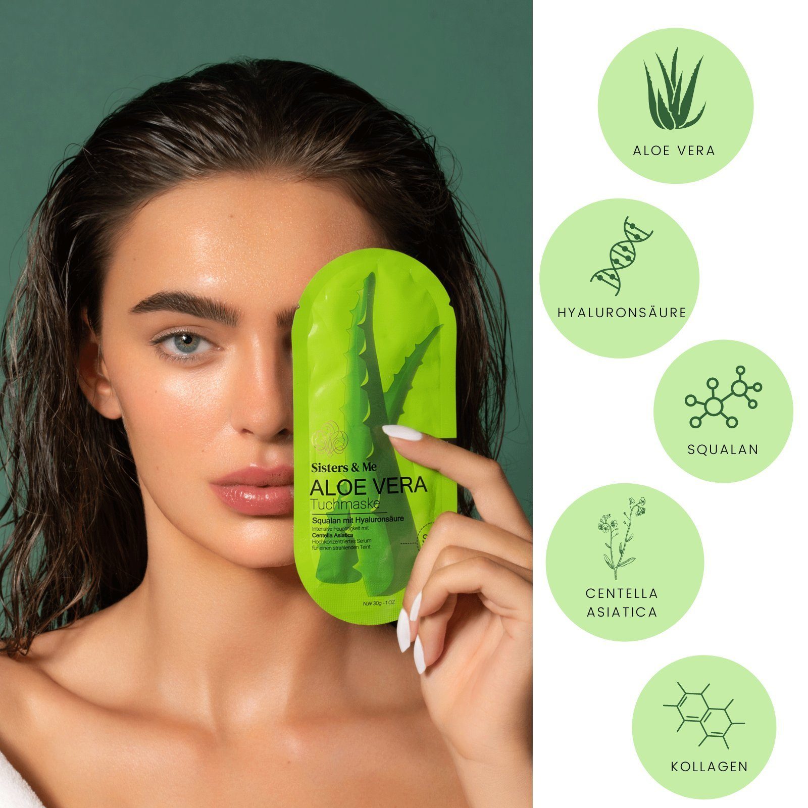 Sisters & Me Gesichtsmaske 5x Sisters & Me Aloe Vera Tuchmaske mit Squalan und Centella Asiatica, 5-tlg.