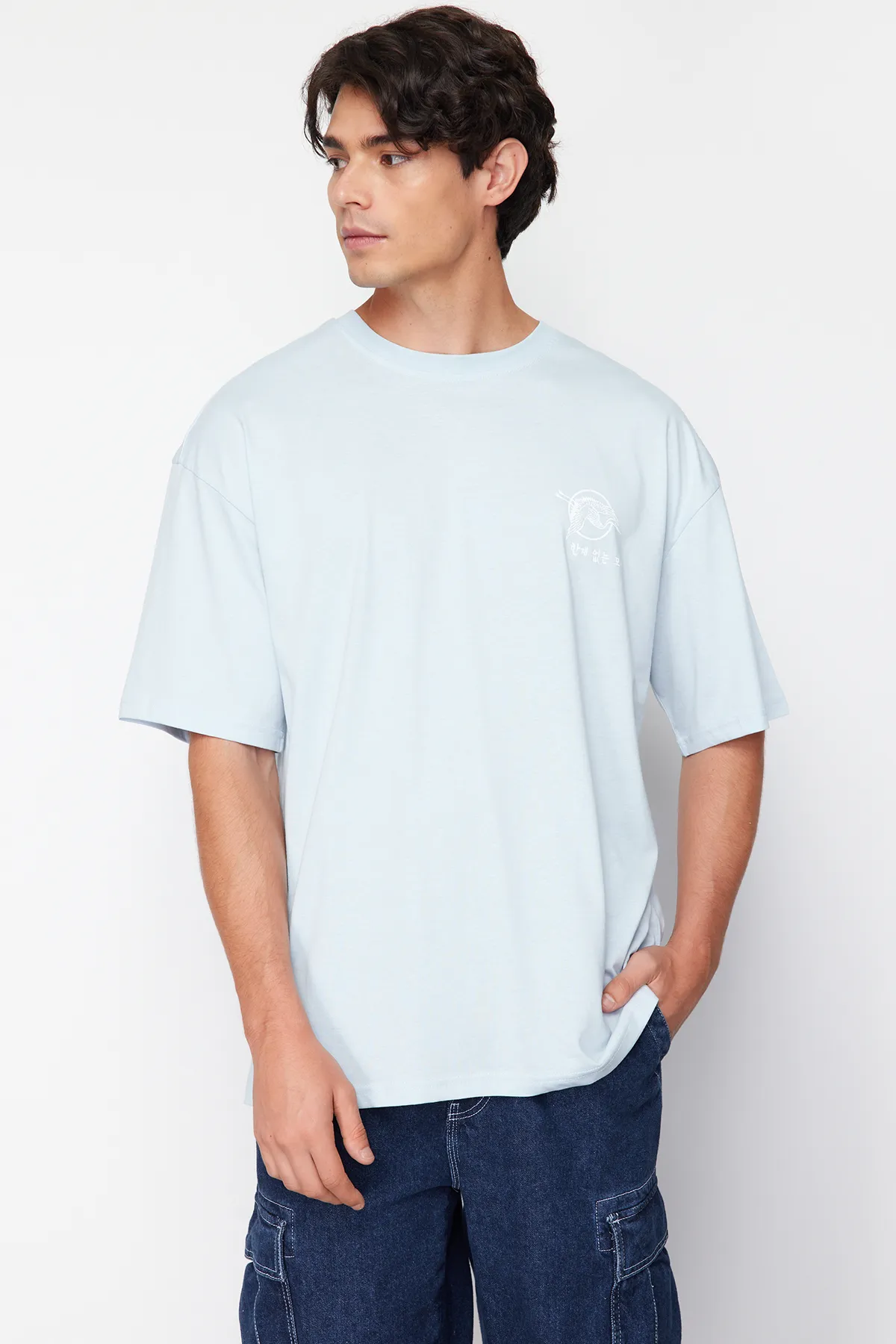 Trendyol Collection  Hellblaues, übergroßes/weit geschnittenes T-Shirt aus 100 % Baumwolle mit Fernost-Aufdruck TMNSS23TS00170