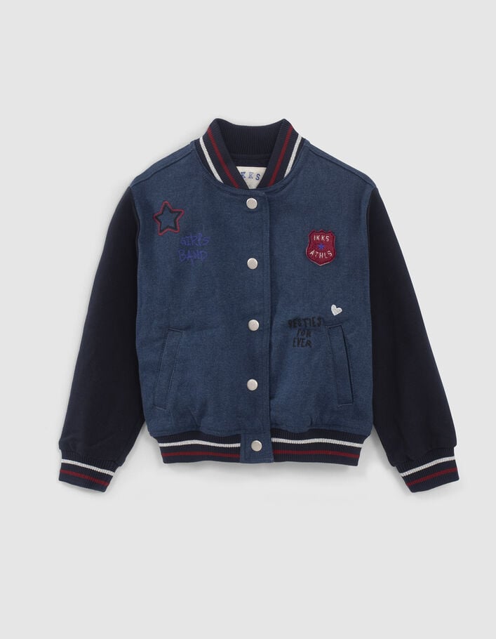 Teddy en jean marine bi matière avec broderies fille