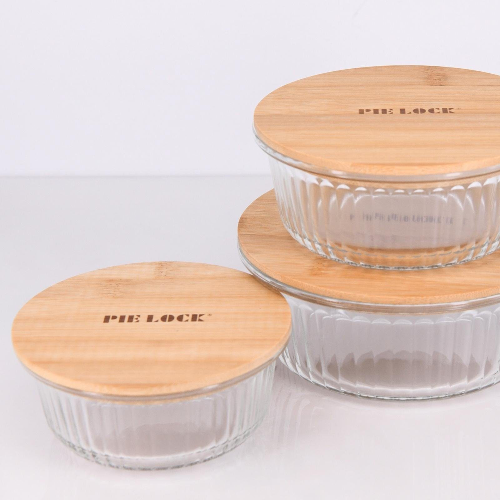 PIE LOCK Vorratsdose Vorratsdosen Glas mit Deckel - Frischhaltedosenset, Borosilikatglas, (PIE LOCK, 3 tlg. rund, Vorratsdosen-Set, Borosilikatglas, Bambusdeckel, 400ml, 620ml, 950ml, stapelbar, Frischhaltedose, Brotdose, Meal Prep, 6-tlg., Premium),