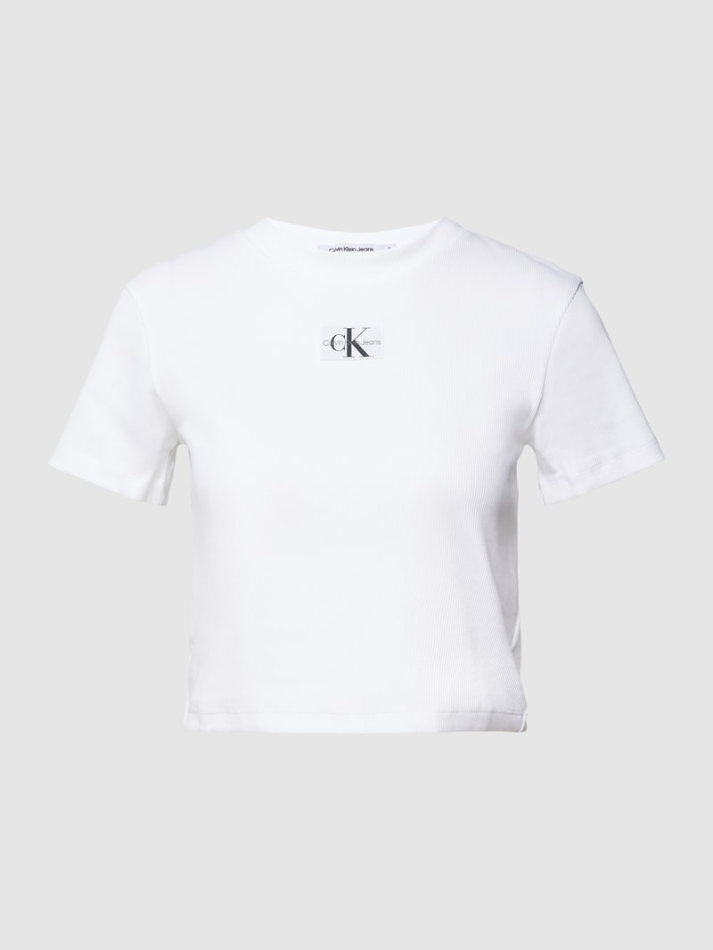 T-Shirt in Feinripp-Optik Modell 'BADGE' in weiss