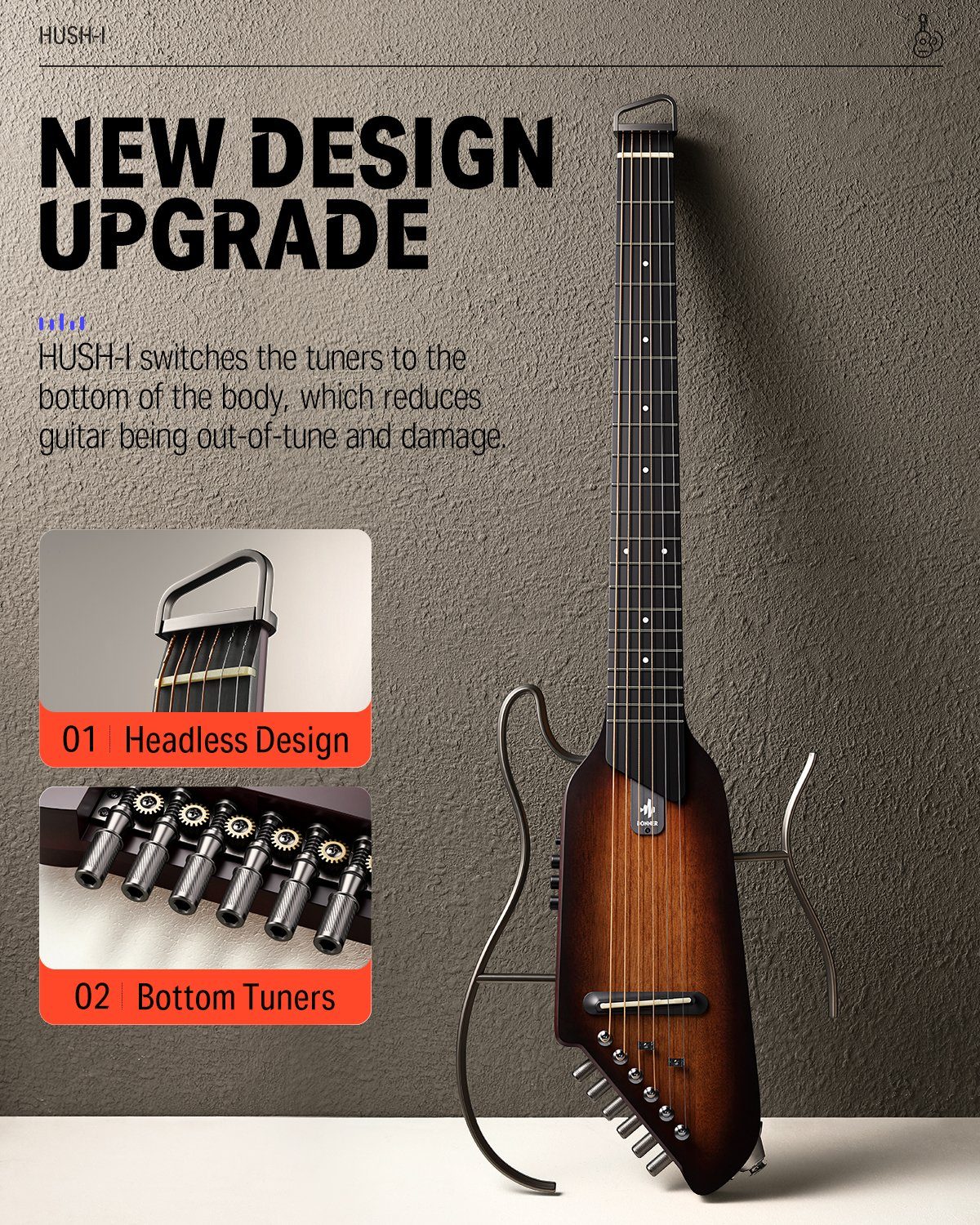 Donner Gitalele HUSH-I Elektroakustische Gitarre Kopflos Tragbar Gitarre zum Reisen, Kopflos, Set, tragbar In jeder Zeit spielen Lärmminderung