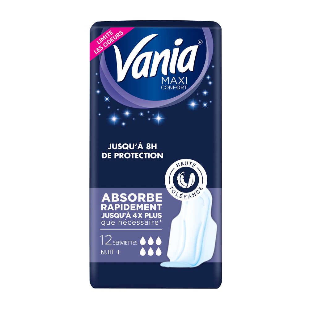 vania Serviettes Hygiéniques, Maxi Confort, Nuit Plus, 12 Serviettes Serviettes