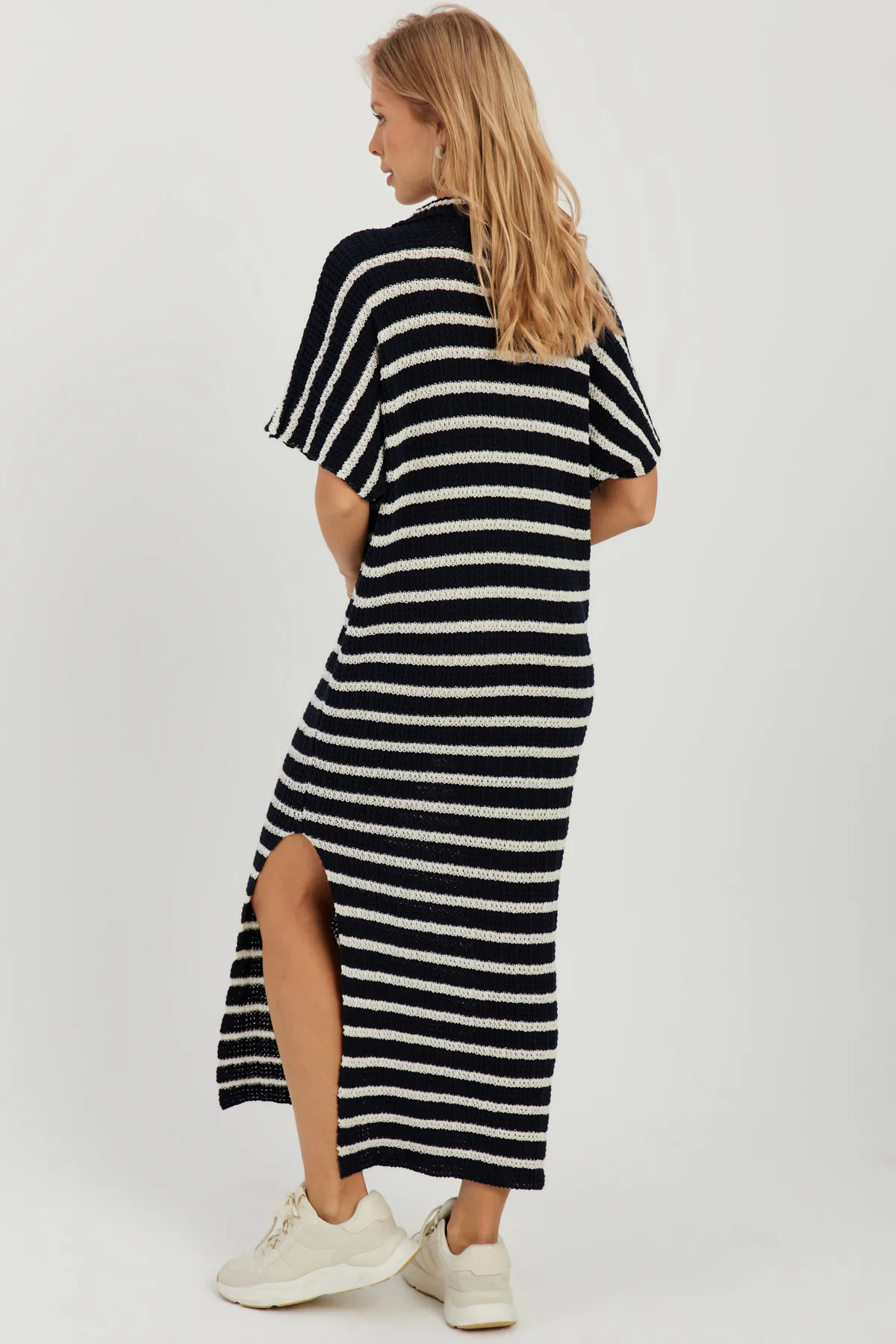 Cool & Sexy  Marineblau-ecrufarbenes, geschwungenes Midikleid aus Strick für Damen YZ622