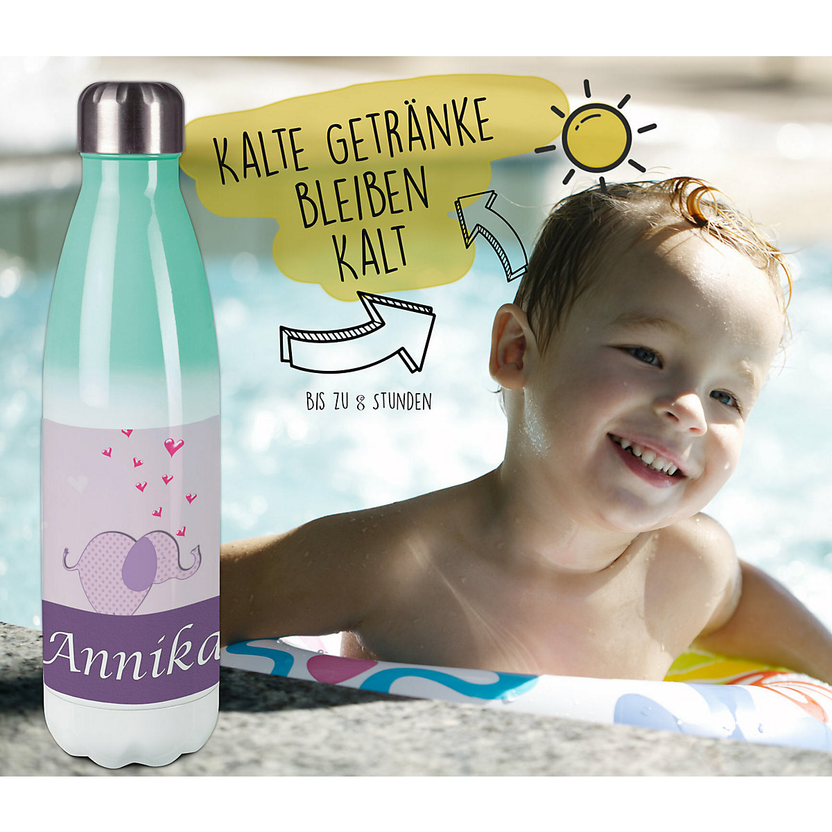 Edelstahl Kinder Thermoflasche / Trinkflasche bunt Elefant Farbe lila Spülmaschinenfest, Auslaufsicher, Bruchfest, Doppelwandig, Für Heißgetränke geeignet, Mit Deckel, Isoliert