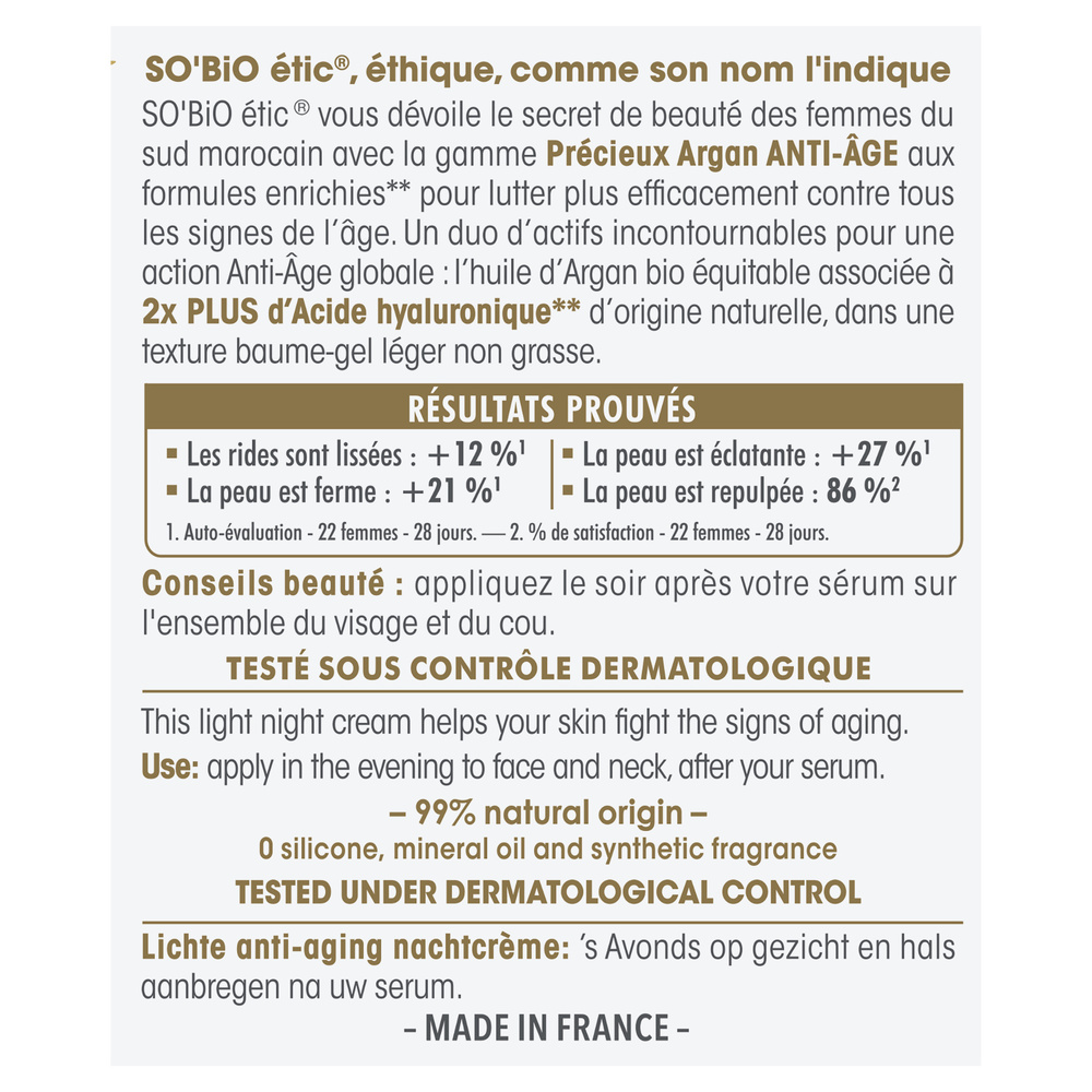 LÉA NATURE SO BiO étic Soin léger Anti-Âge nuit, Précieux Argan Crème visage
