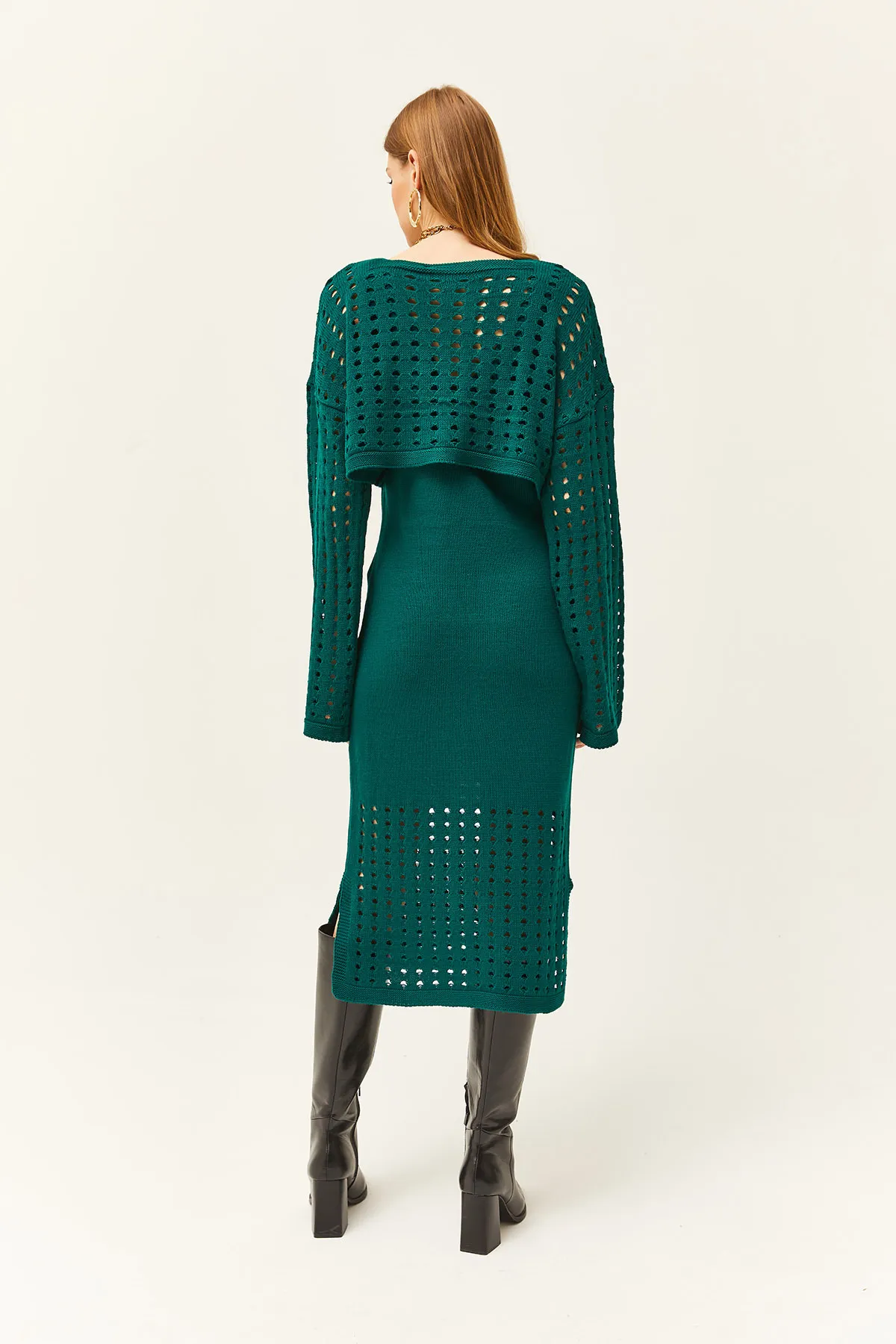 Olalook  Smaragdgrünes Oberteil mit durchbrochenem Pullover und unterem durchbrochenem Kleid aus Strickwaren-Set TKM-19000246