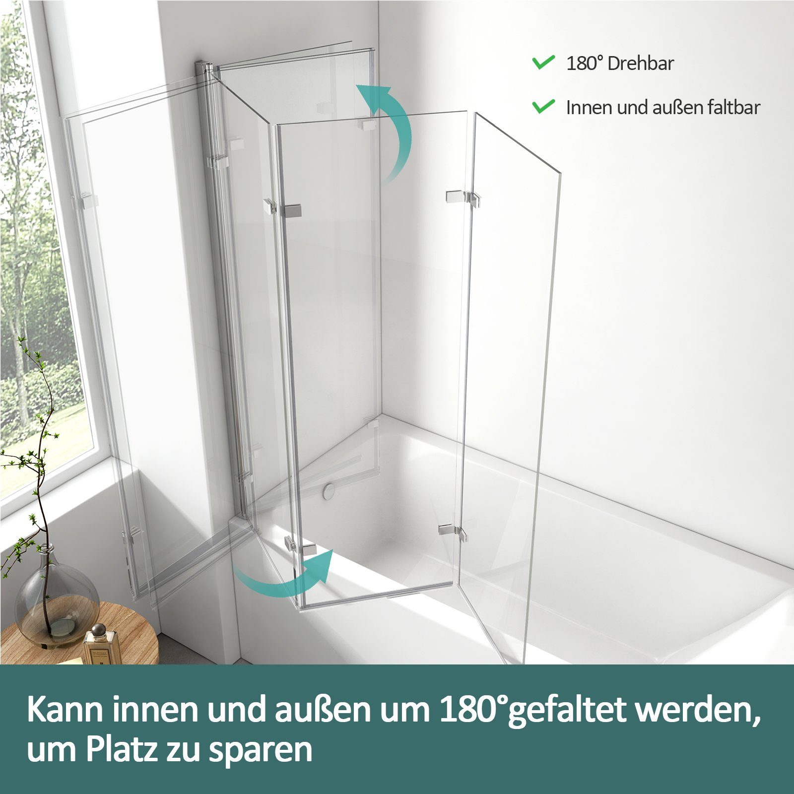 EMKE Badewannenaufsatz Duschwand für Badewanne Badewannenfaltwand 3-teilig faltbar 180°, mit NANO einfach-Reinigung Beschichtung Faltwand 6mm Sicherheitsglas
