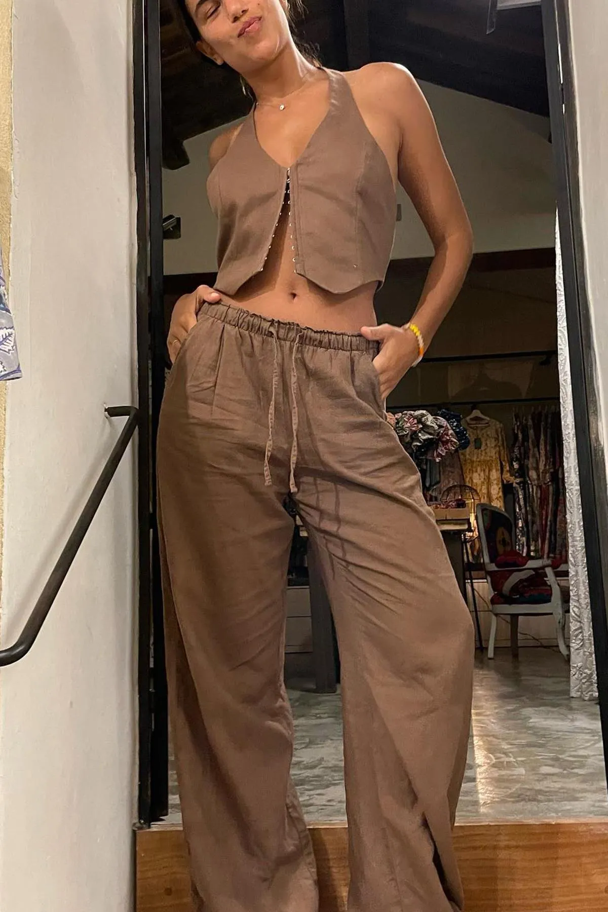 Madmext  Braune Stoffhose mit weitem Bein und Kordelzug MG1950