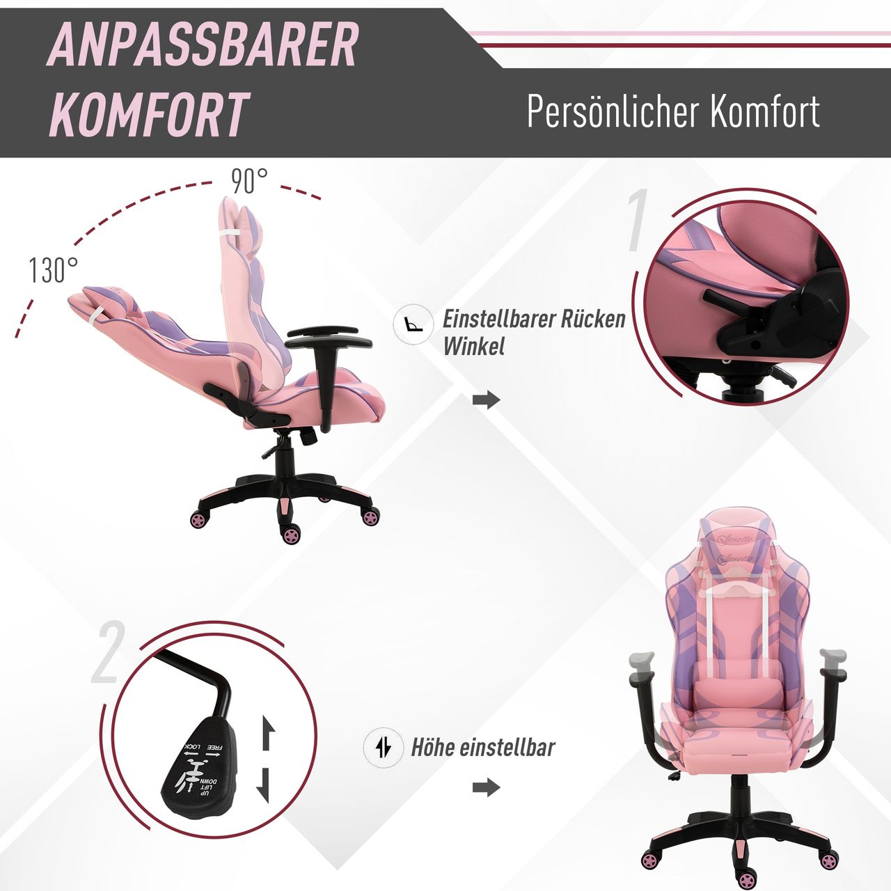 Vinsetto Ergonomischer Gaming Stuhl Bürostuhl Drehstuhl Verstellbares Massage Lendenkissen Höhenverstellbar Rosa&Violett 69x56x125,5 cm