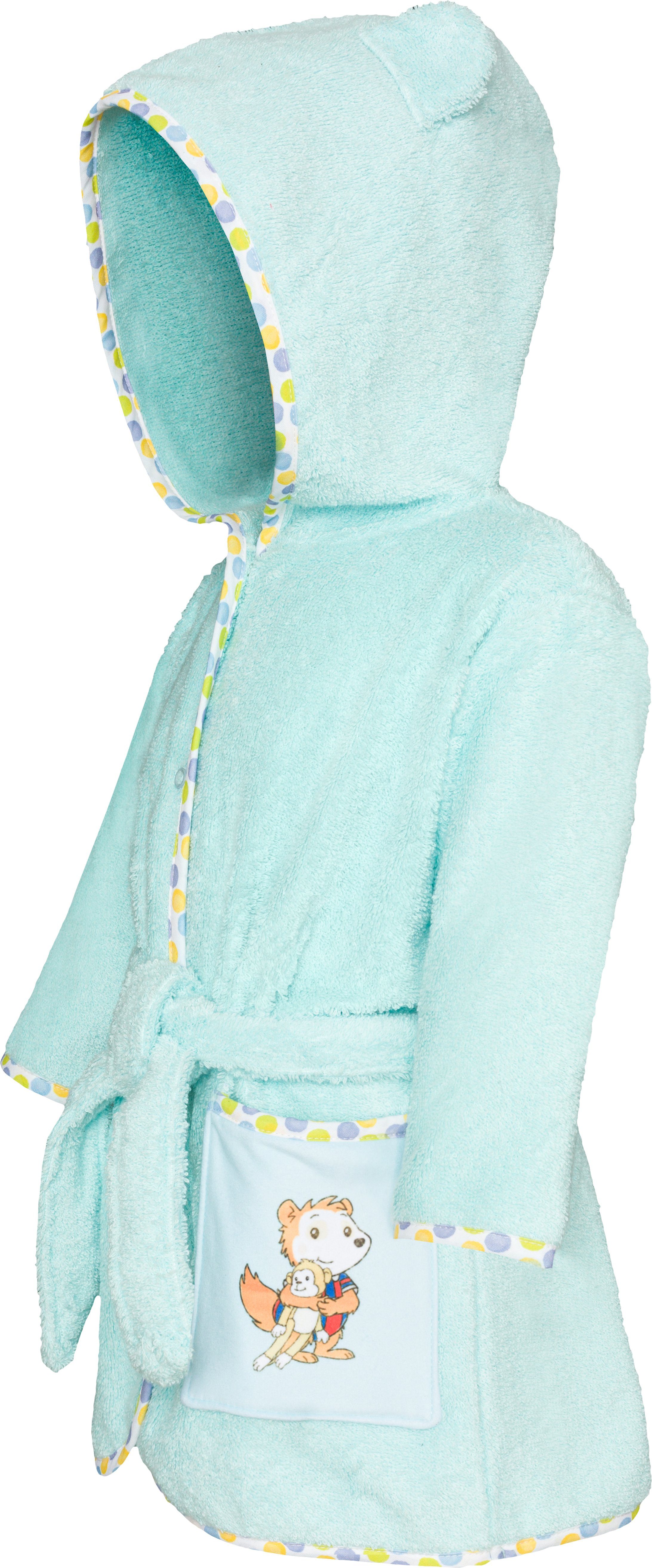Smithy Kinderbademantel mit Bobo Siebenschläfer, Velours-Frottee, Kapuze, Gürtel, Knöpfe, made in Europe