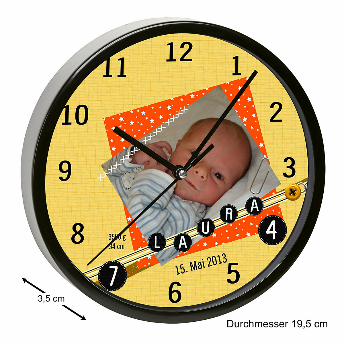 Kinder Wanduhr personalisiert mit Name Scrapbooking orange