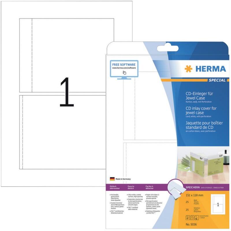 HERMA SPECIAL A4 CD/DVD Etiketten 5036 nicht haftend DIN A4 Weiß 151 x 118 mm 25 Blatt à 1 Etiketten